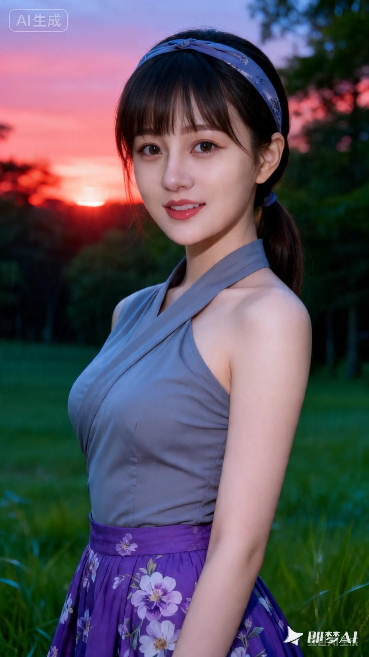 夕阳下的少女，温柔如水，花裙飘逸，美不胜收。