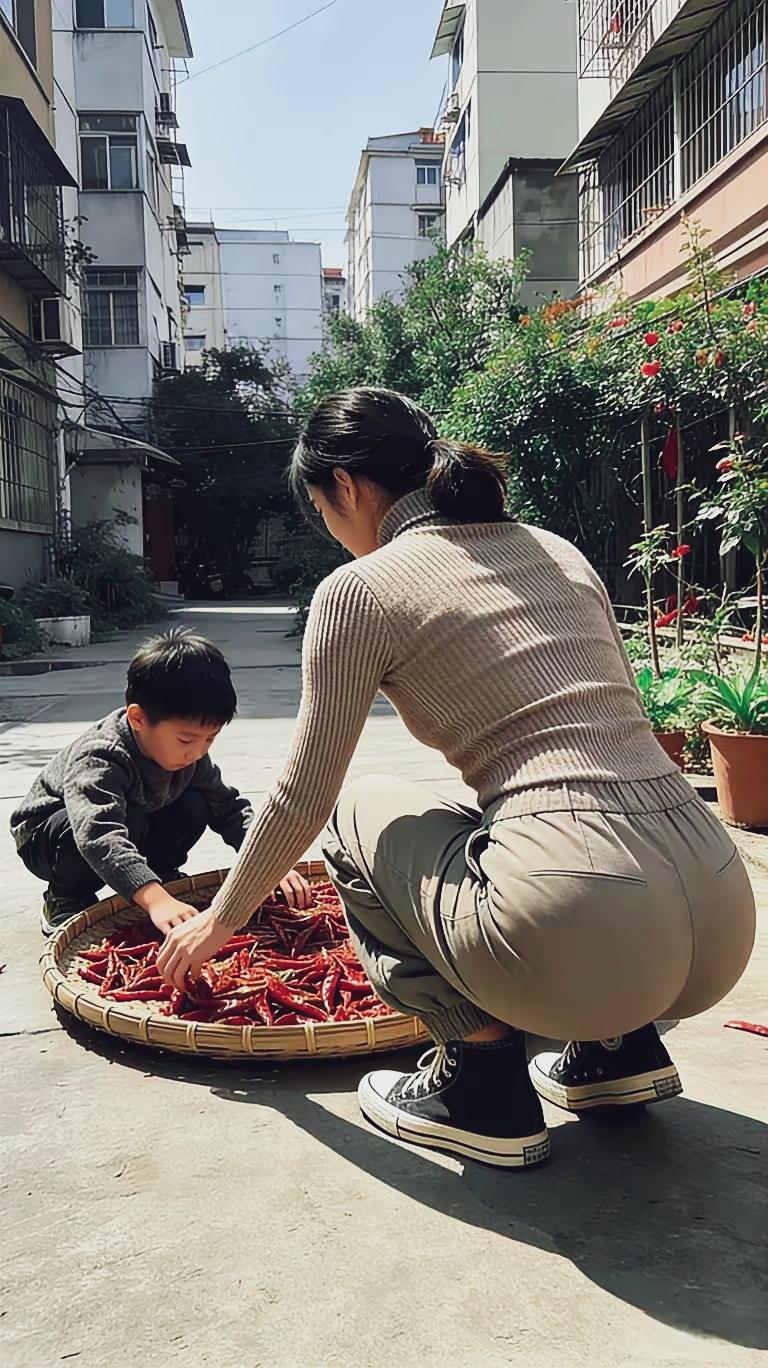 和宝贝一起晒辣椒，温暖阳光下的美好时光🌞🌶️
