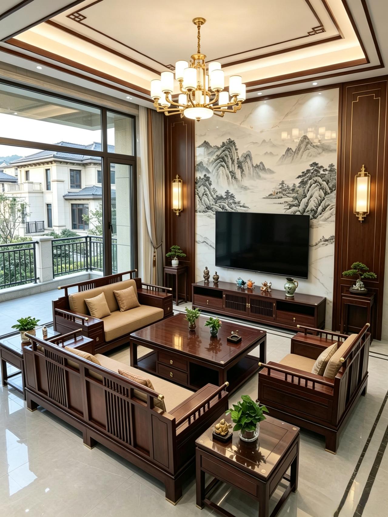 以东方风骨，筑就一方温润天地。深棕实木勾勒线条，浅米软包晕染暖意，水墨山水背景铺