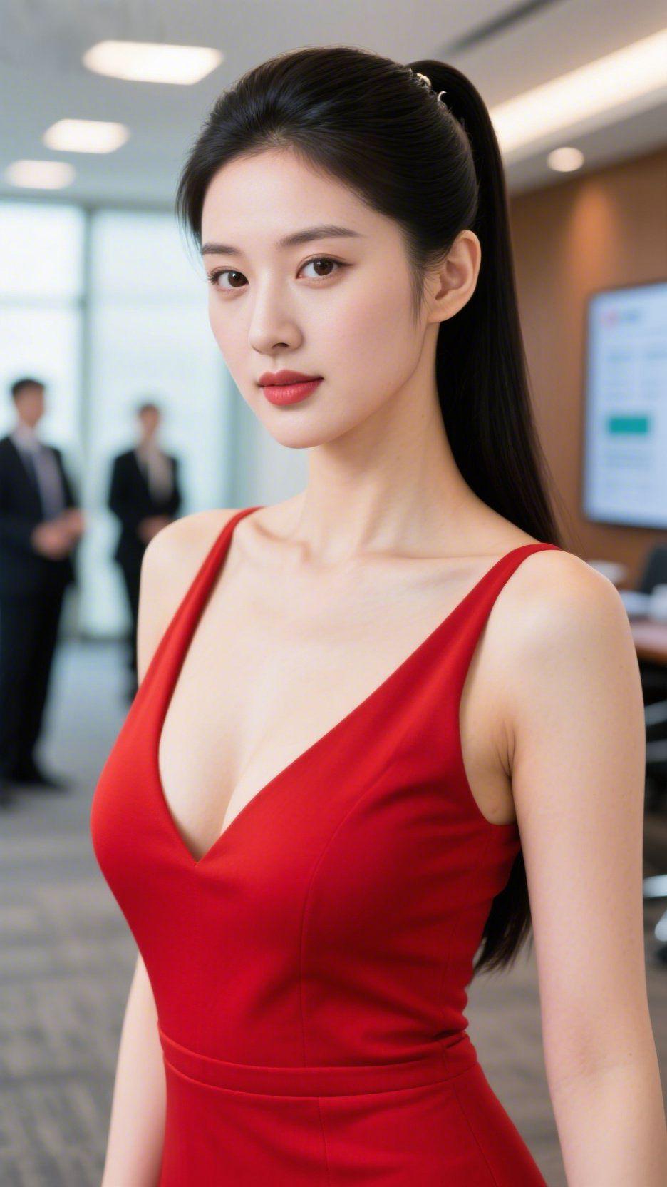 《职场中的红韵底气》写字楼的清透光线里，一抹正红破开了日常的沉闷——高马尾