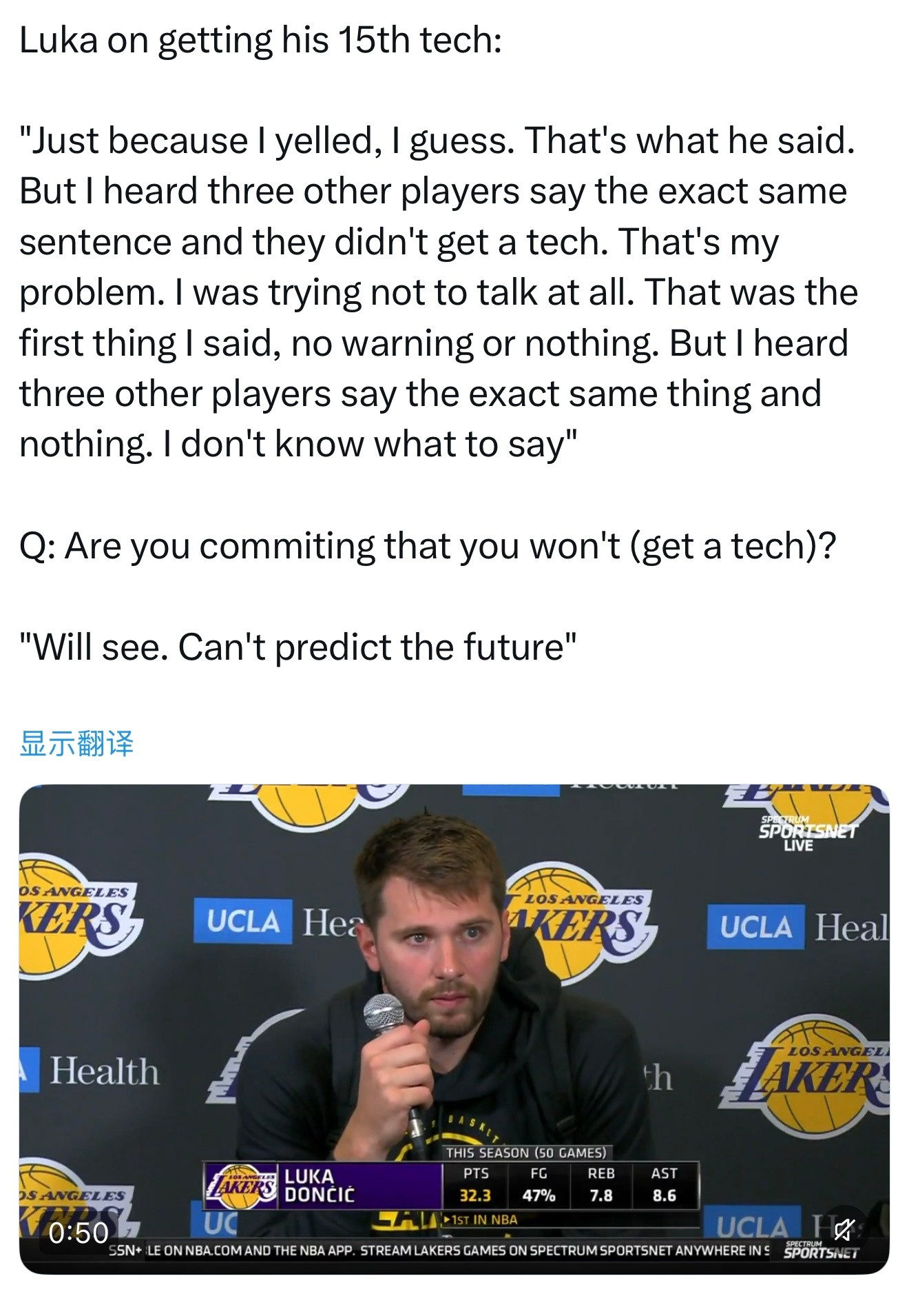 卢卡谈到自己领到第15次技术犯规：“大概就因为我喊了一声吧，裁判是这么说的。但我