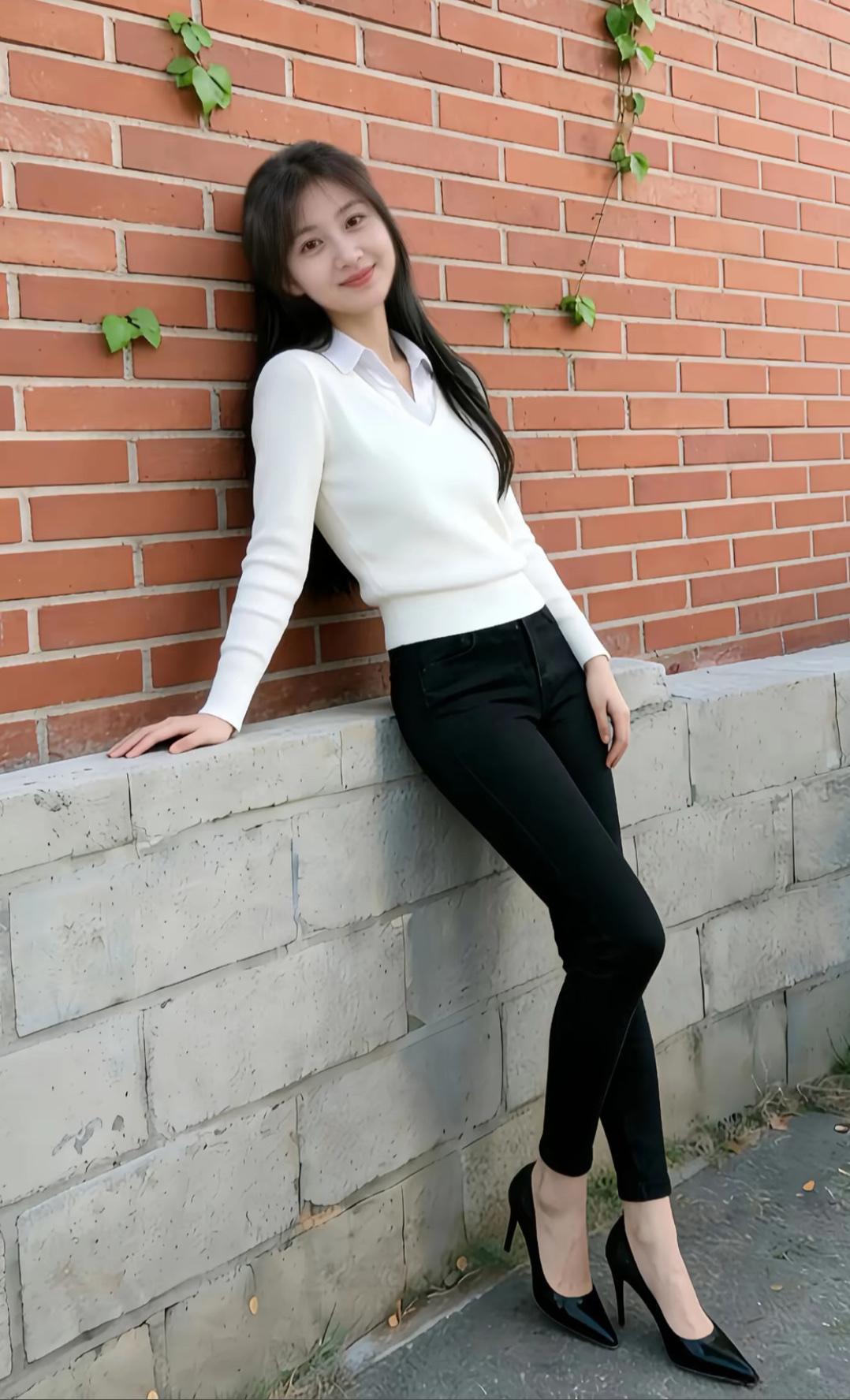 她靠在墙上，微笑着看镜头。