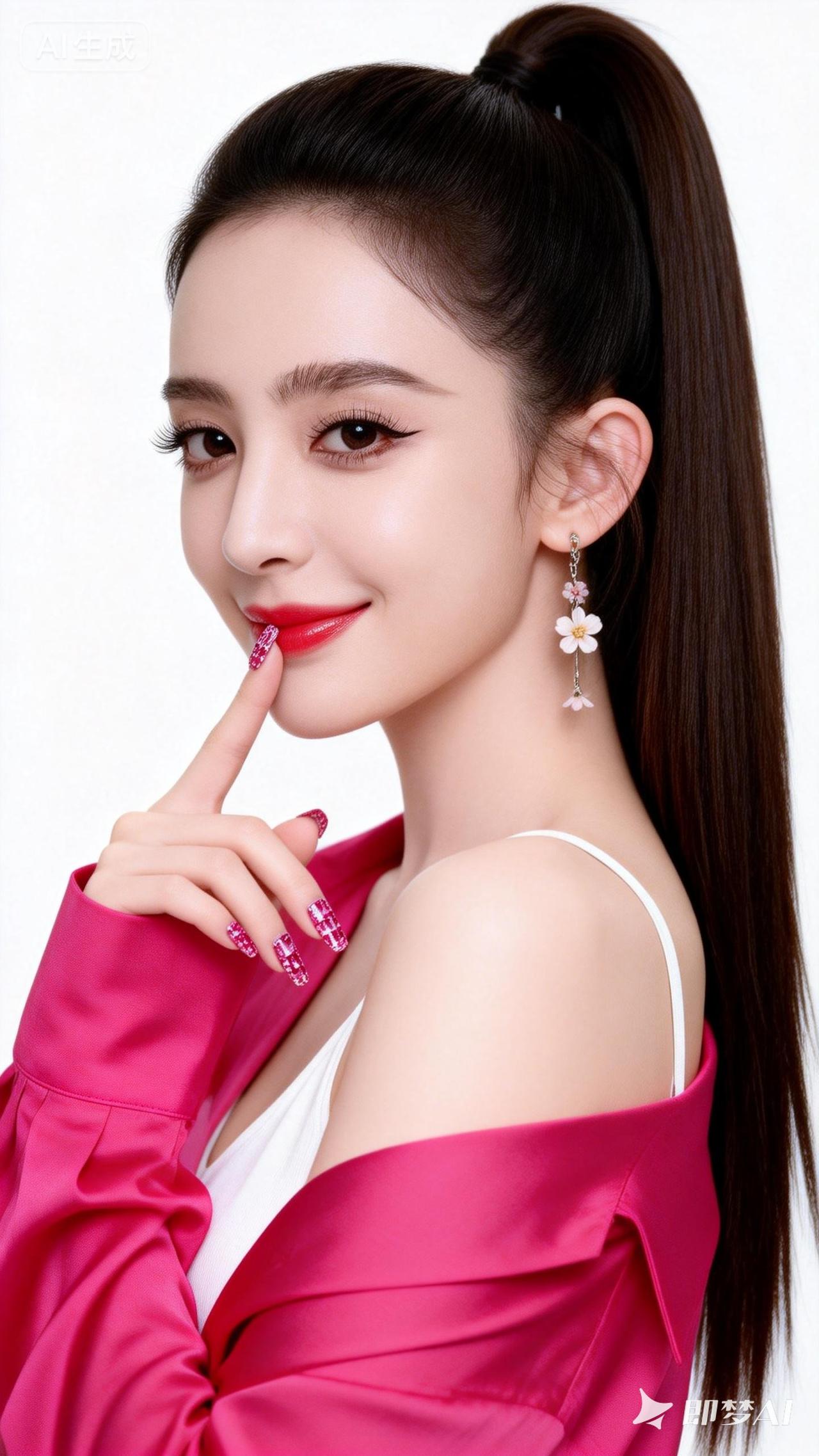 甜美红唇，优雅耳饰，粉色西装，时尚少女风