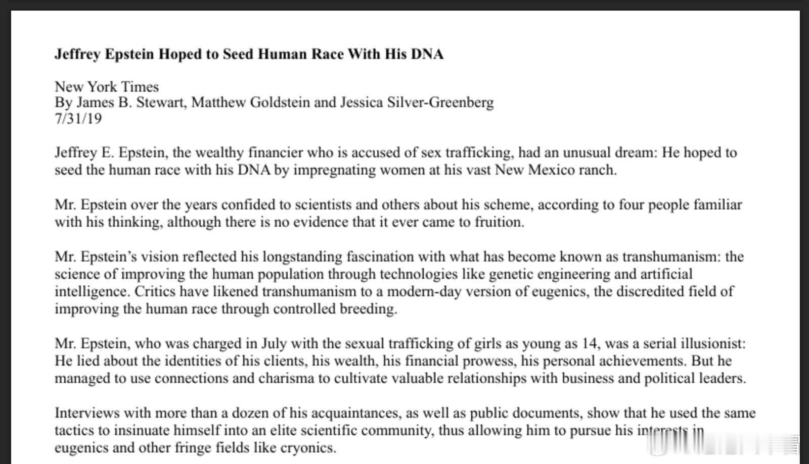 爱泼斯坦计划在他的新墨西哥州牧场一次性让20名女性怀孕。他曾与许多科学家和精