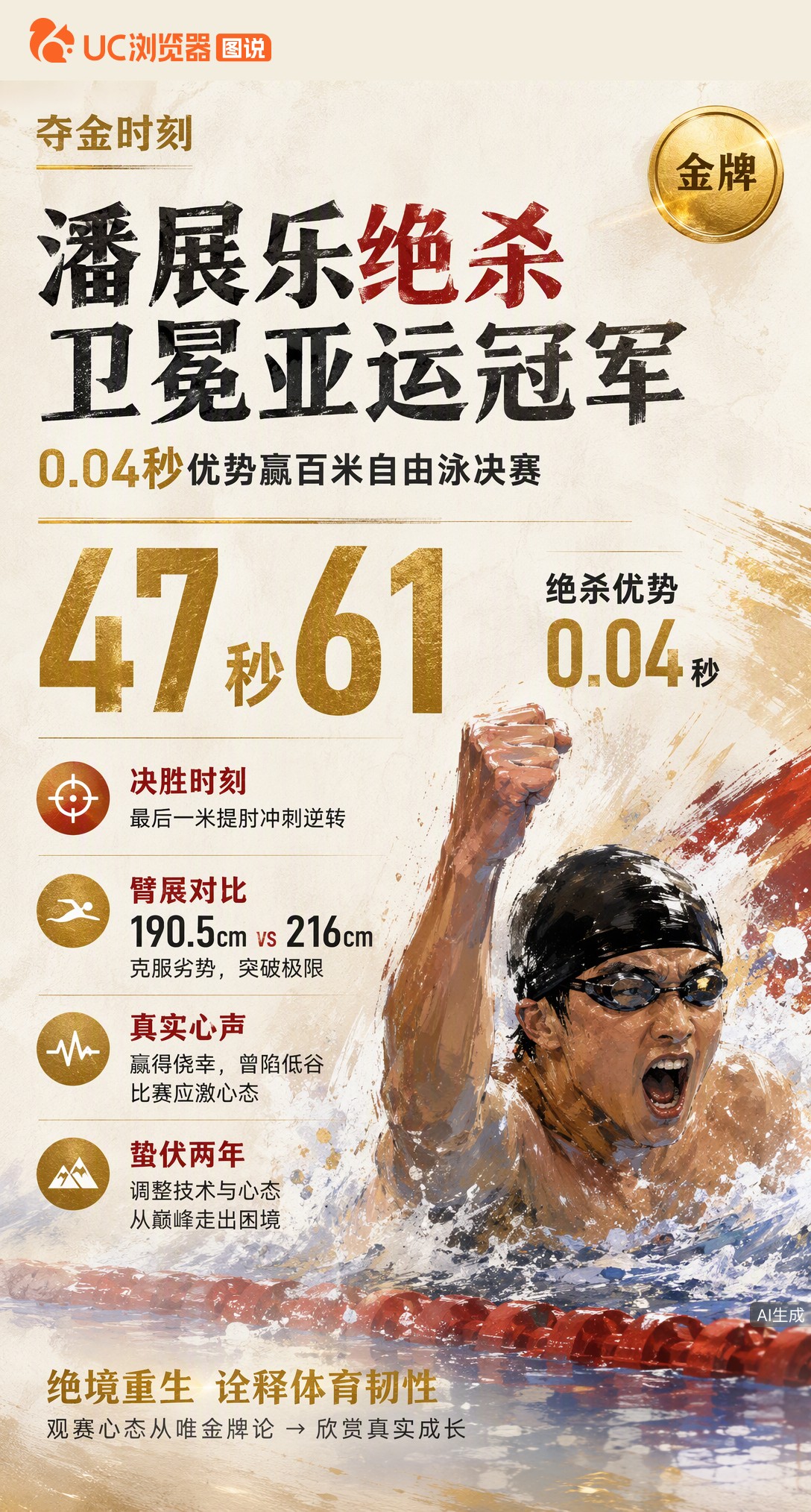 47秒61！潘展乐0.04秒绝杀夺百米自由泳金牌。臂展少25厘米仍逆转，赛后坦言赢得侥幸，这份真实比