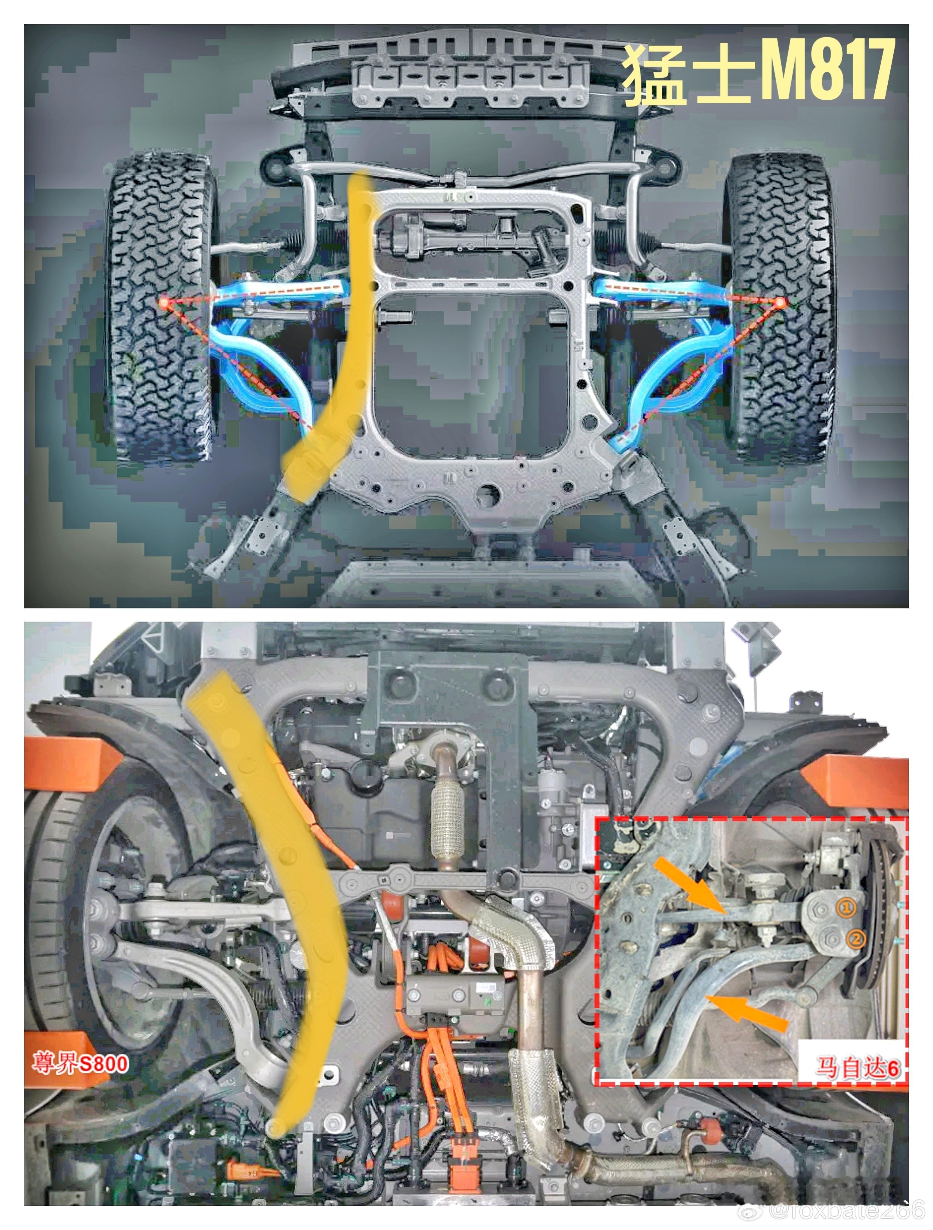 有的副车架前面宽，有的副车架后面宽。