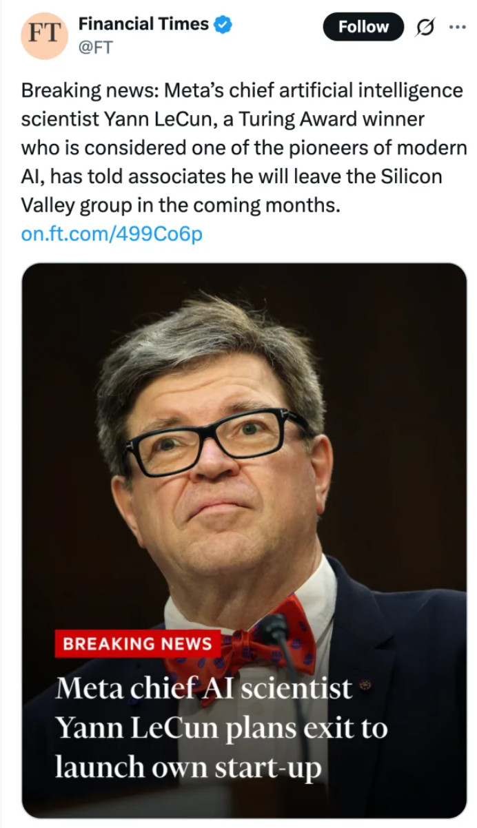 深度学习三巨头之一、图灵奖得主杨立昆，已经从Meta离职，准备启动自己的A