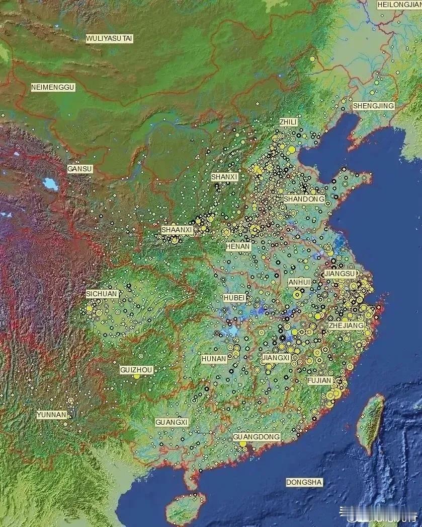 古代活跃地图哈佛大学根据中国历史上经济活动的密度和名人籍贯制作的活跃地图！圆圈○