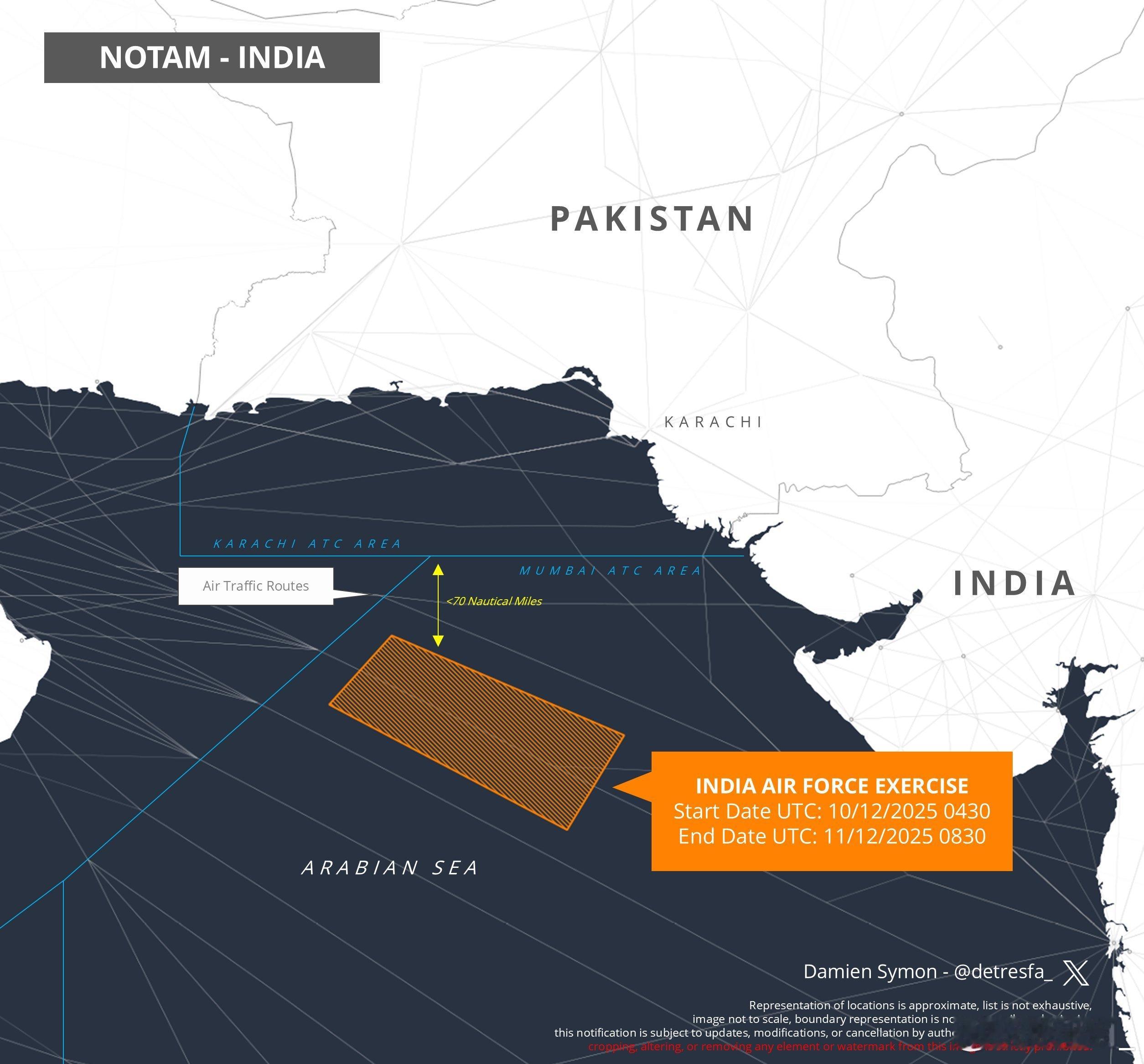 印度宣布12月10-11日在巴基斯坦卡拉奇对开的阿拉伯海举行大规模空军演习。印度