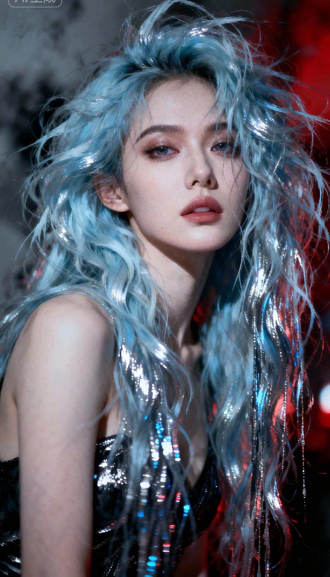 文案（适配社交媒体时尚类内容）蓝银碎闪卷发浸在红调暗场里，亮面裙装的冷光和