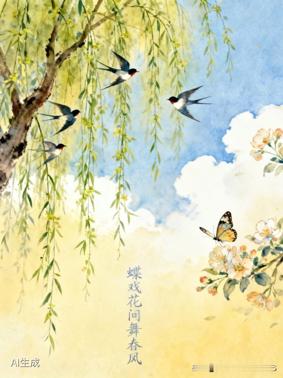 上联:燕穿柳下吟晓色下联:蝶戏花间舞春风