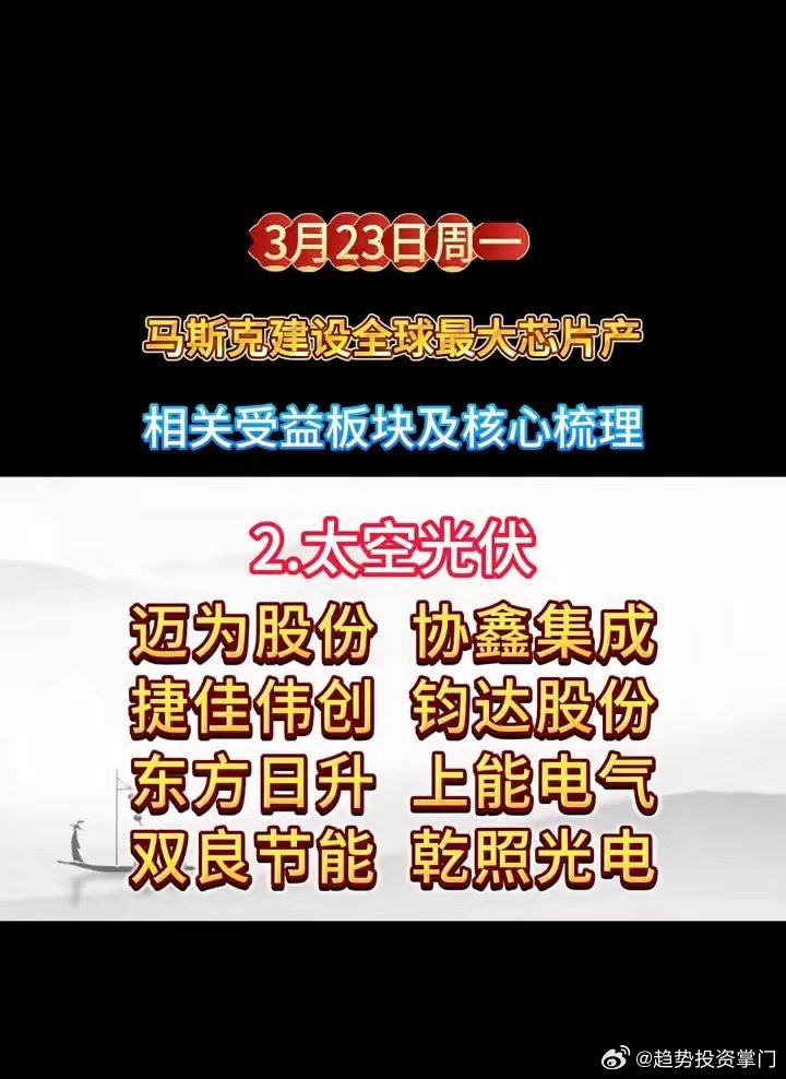 3月23日｜马斯克全球最大芯片产业受益板块1. 太空算力：通宇通讯、再升科技、信