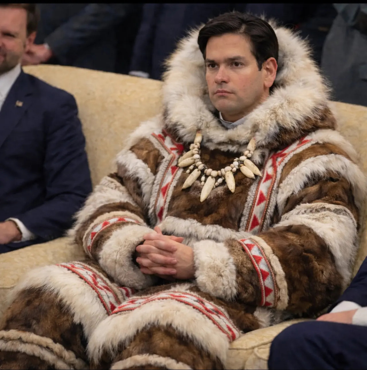 鲁比奥总督派驻格陵兰岛第一天，因纽特人特意送来御寒的传统服饰。网友说接下来一年鲁