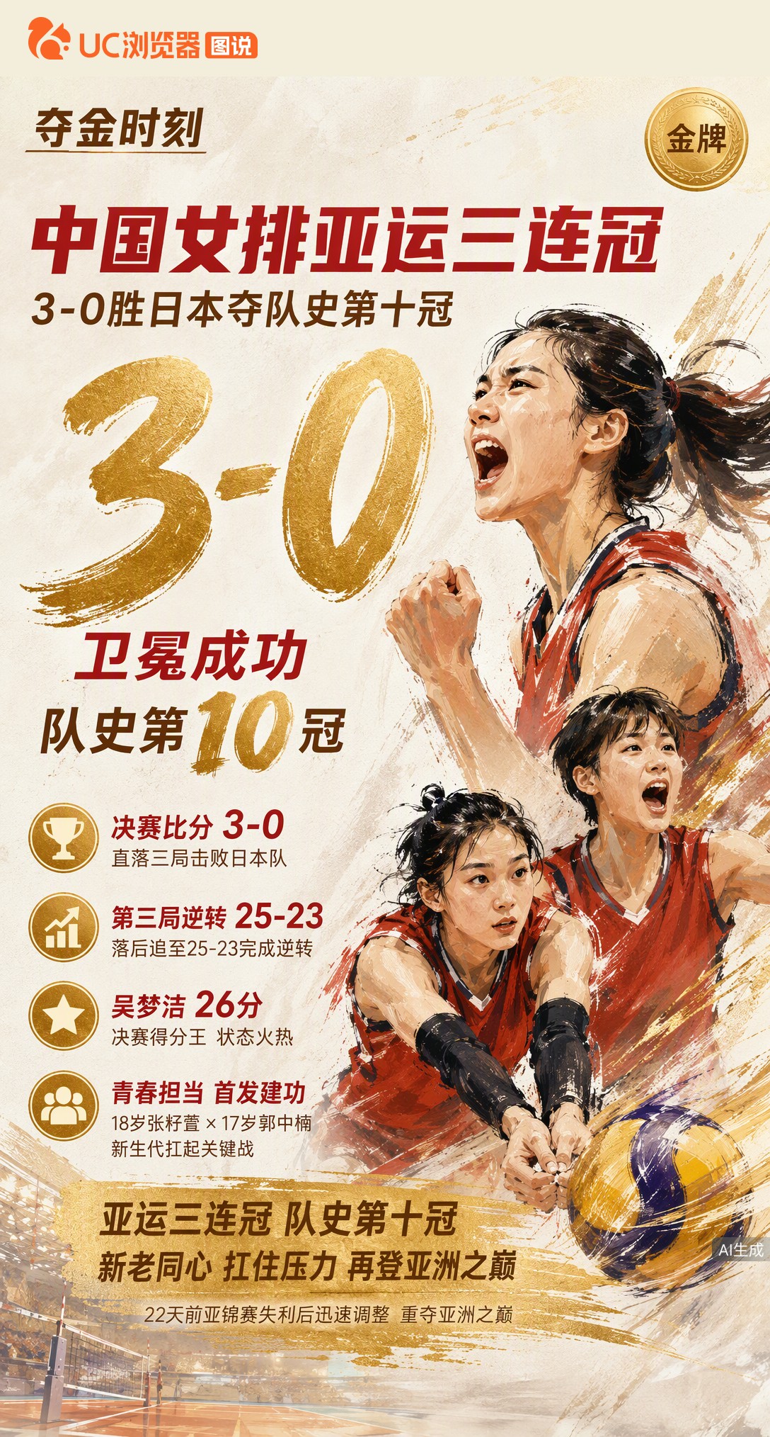 3-0胜日本！中国女排亚运三连冠、队史第10金到手。第三局25-23逆转定调，吴梦洁砍26分，18岁