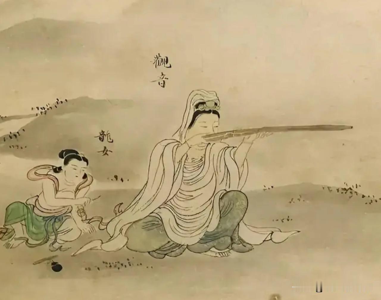 观音持枪图：这确实是300多年前的文物！好家伙，这画要是头一回见，真以为是谁