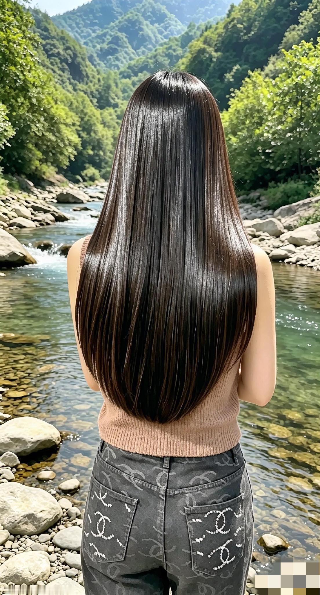 给大家分享个超美的背影。有个长发美女背对溪水站着，那画面简直美如画。她的长发柔