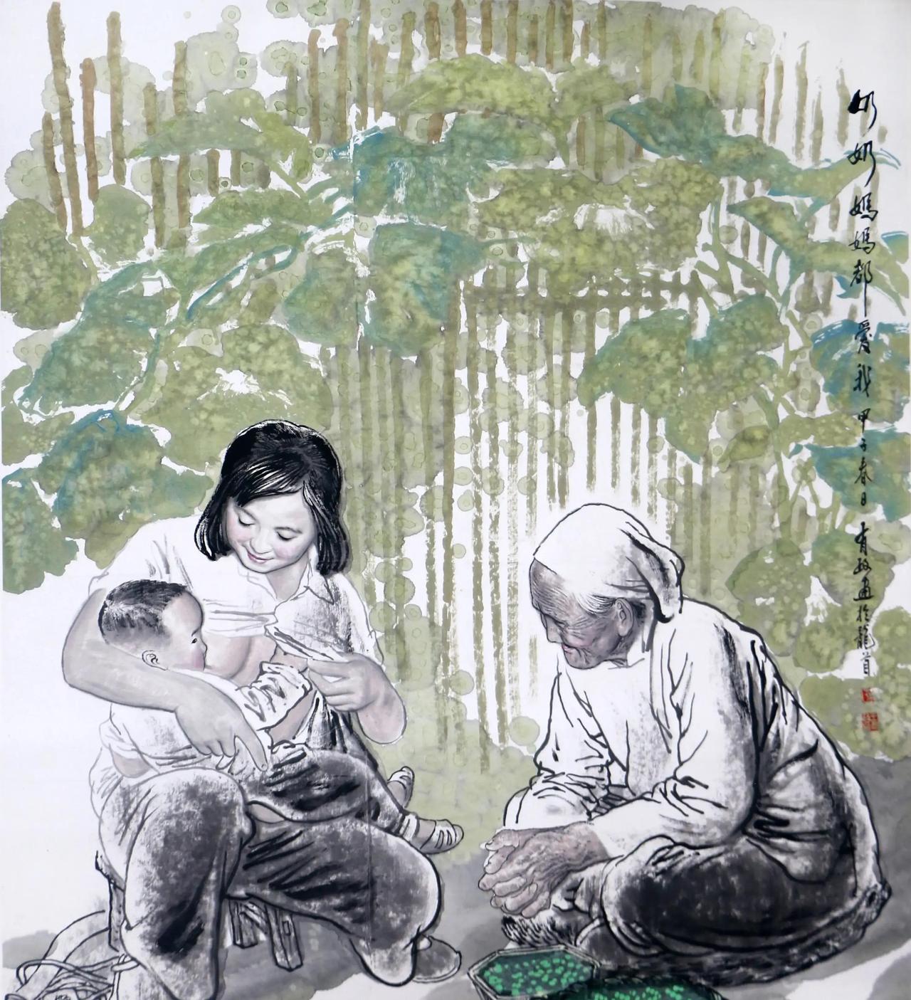 在陕北黄土高原的窑洞院落里，一幅画把祖孙三代的瞬间温情定格：奶奶慈祥低头，妈妈温