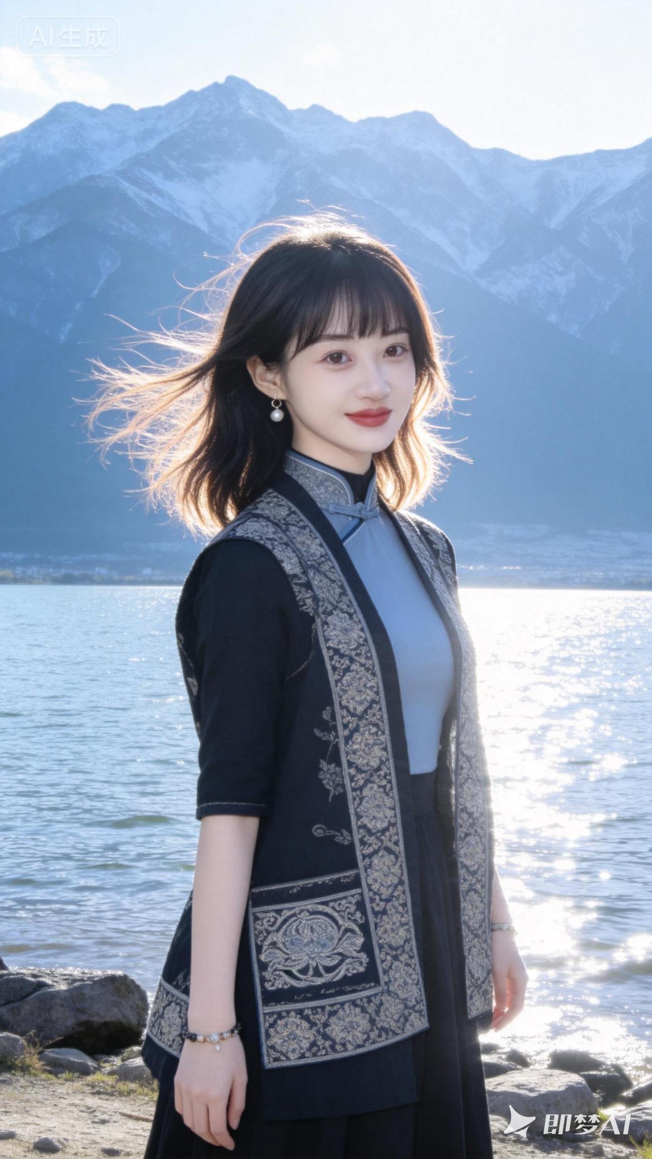 雪山湖畔的古典美人，风姿绰约，韵味十足。