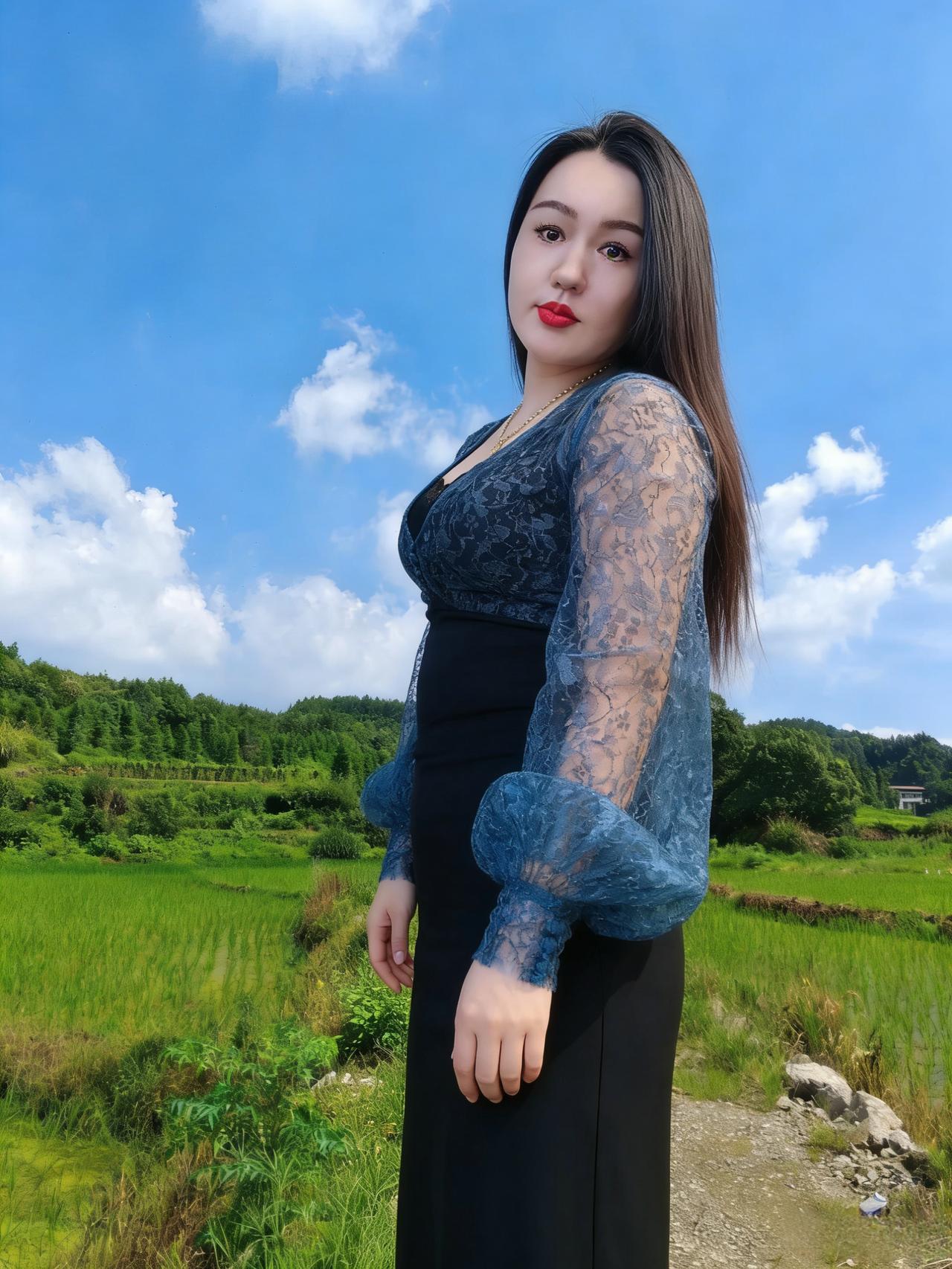 蓝纱裁袖舞春风，黑裙亭亭立田中。一点红唇融绿意，云边犹带晚霞红。