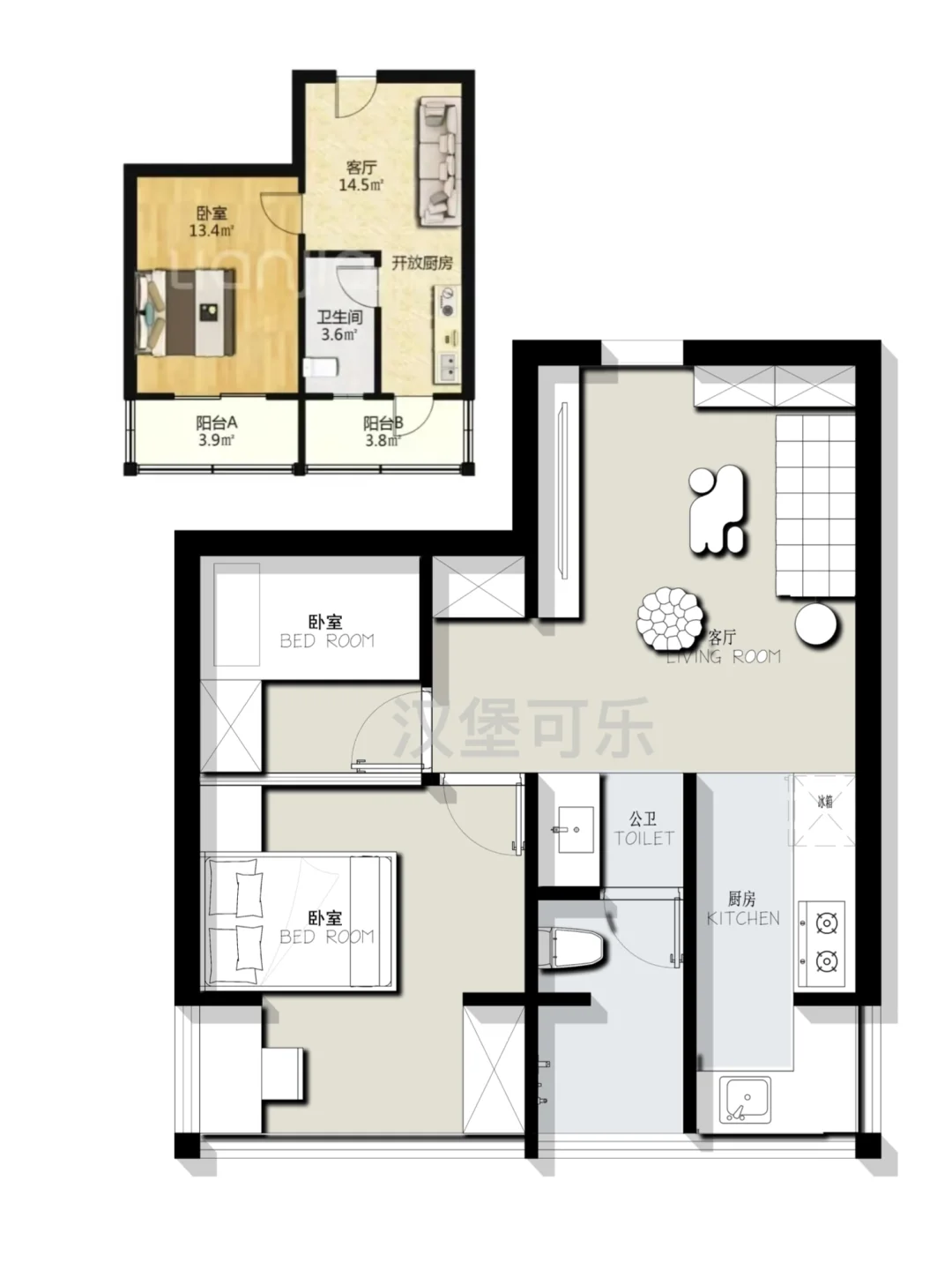 户型优化/小户型两居室平面方案设计