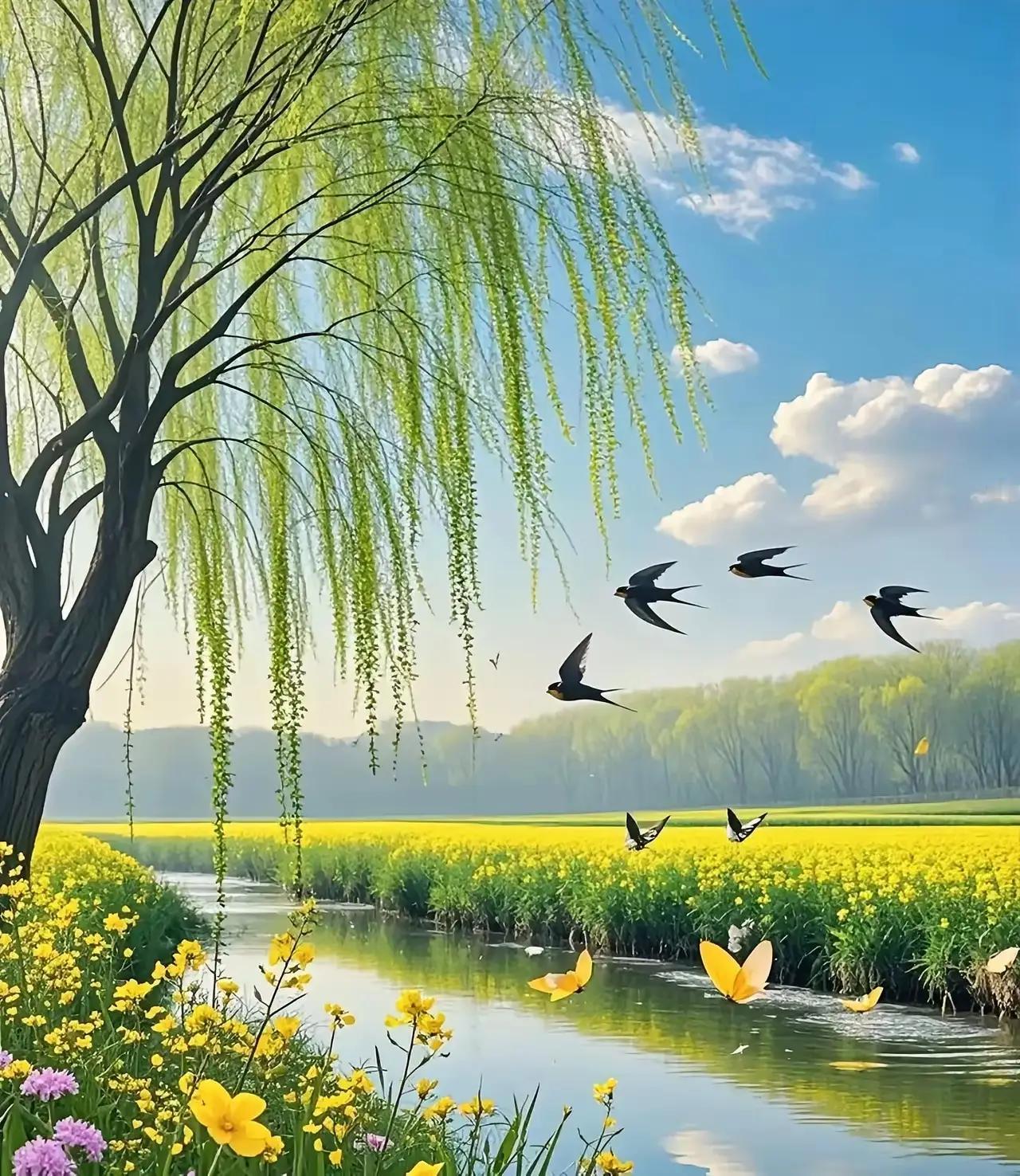 上联：燕语春归处，下联：柳舞花盛开。