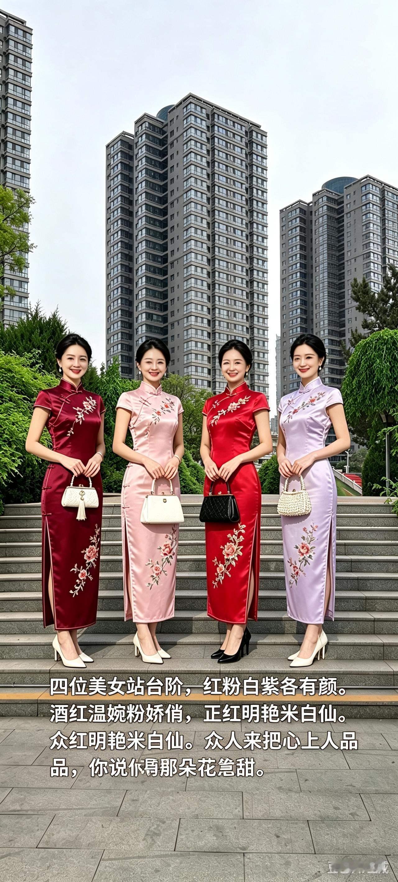 四位美女穿旗袍站台阶。谁美那位是你心上人，评没吧！