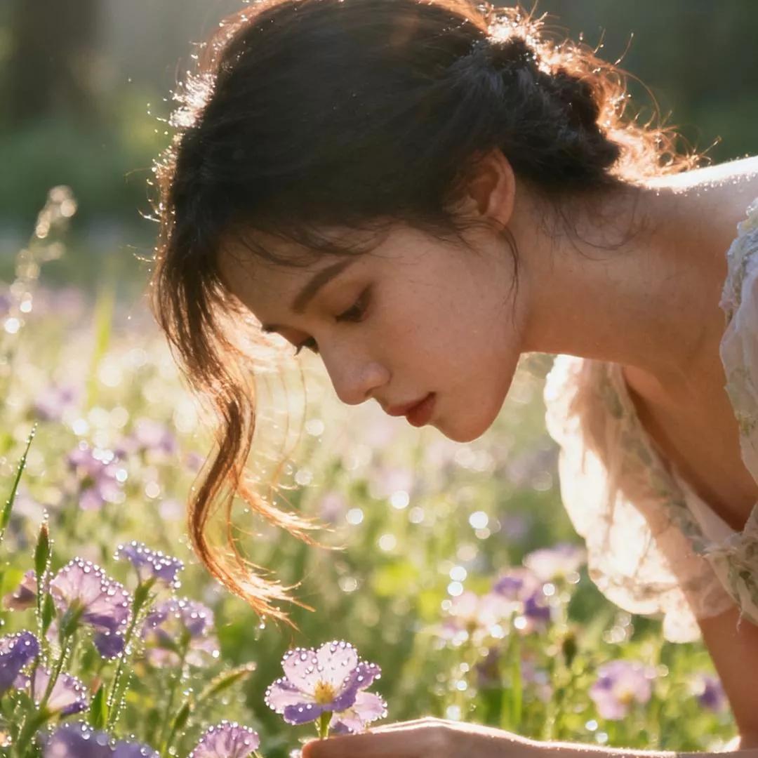 阳光下的少女与野花共舞，岁月静好。花海少女照林间粉漾少女秋日野花花海少女