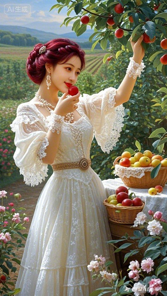 梦幻田园风，甜美少女在果园中品尝红苹果，裙摆飘逸，花海环绕，仿佛童话中的场景。