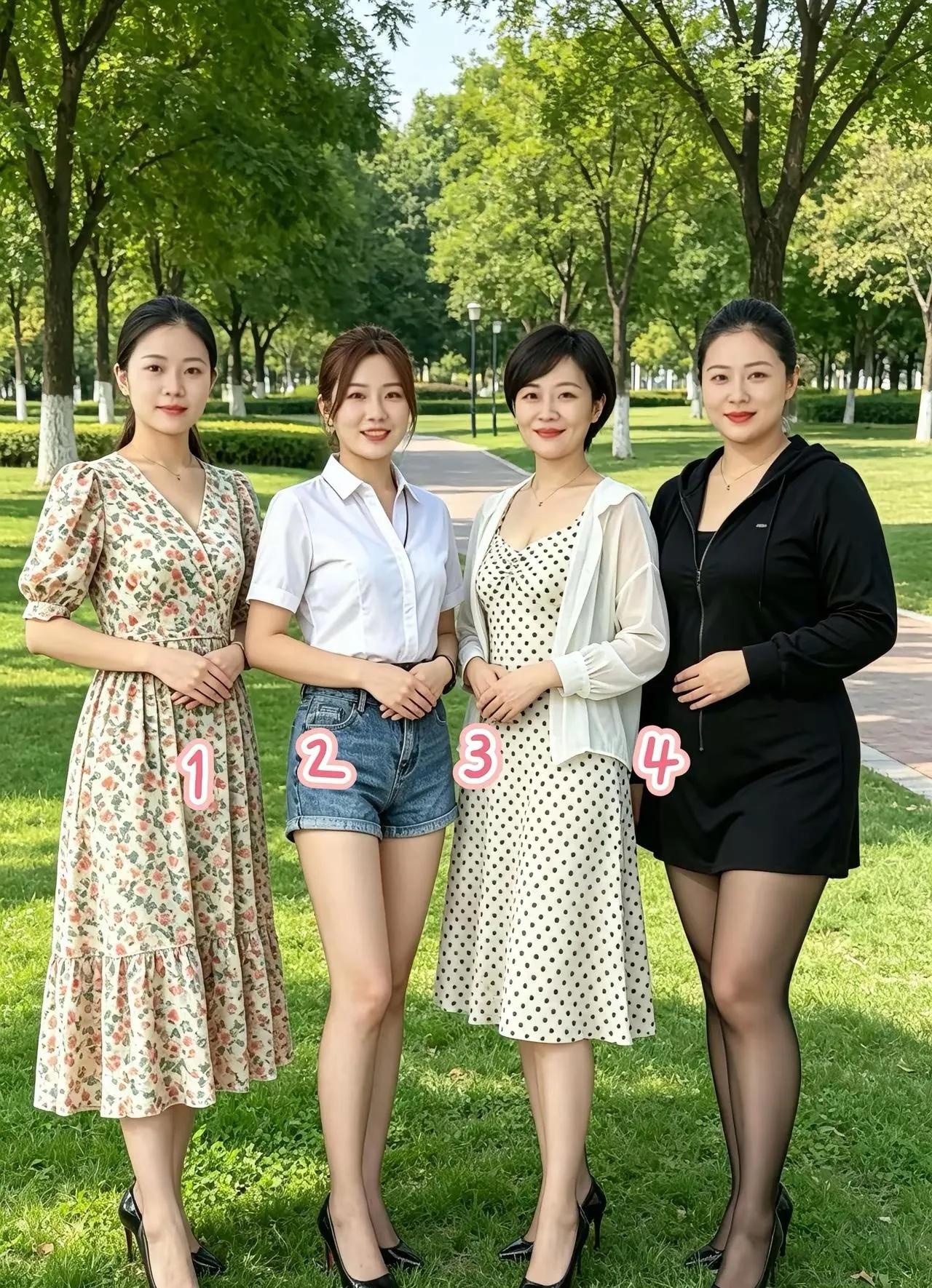 这4位美女里头，我喜欢2号美女，想和她处一段。她美丽大方，穿着白色衬衫牛仔短裤，