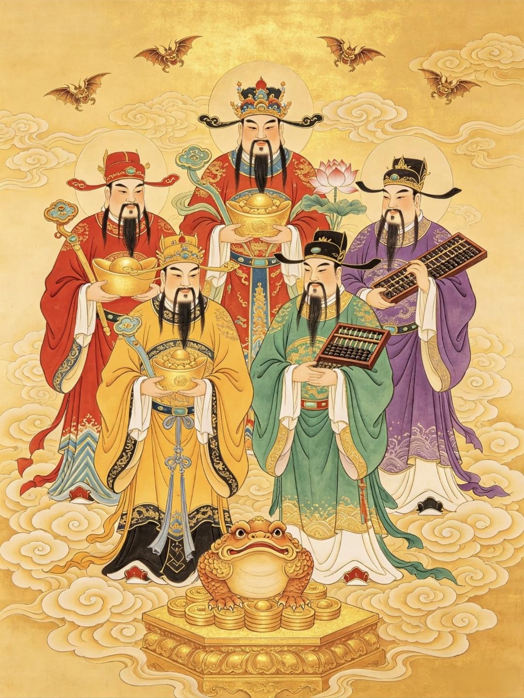 五路财神齐聚首，金蟾献宝耀祥光。福禄双全添寿喜，财星高照岁岁昌传统文化正能量