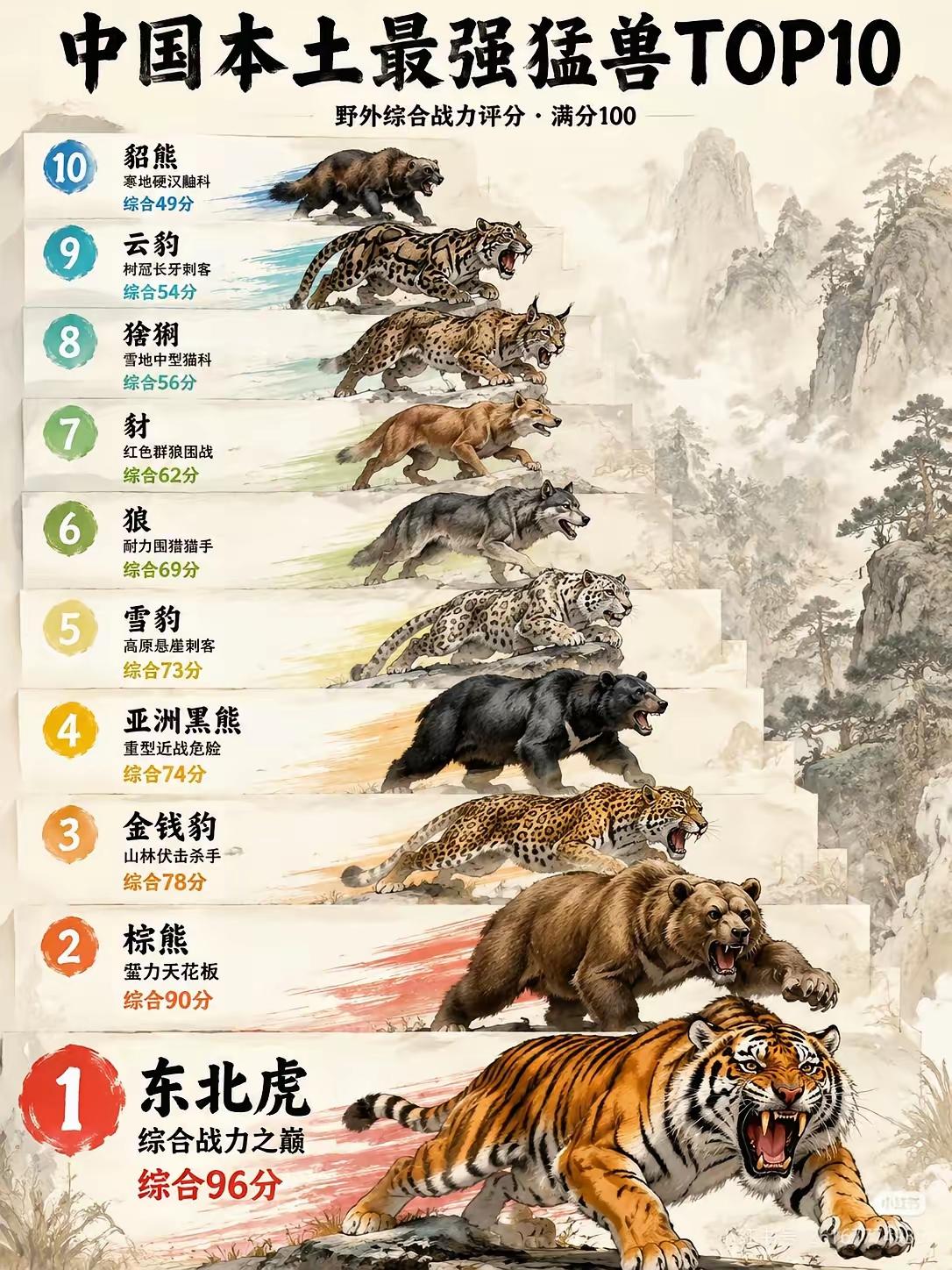 中国最能打的10大猛禽，豹占3席，熊🐻占3席，东北虎居首无可争议，大家觉得图中