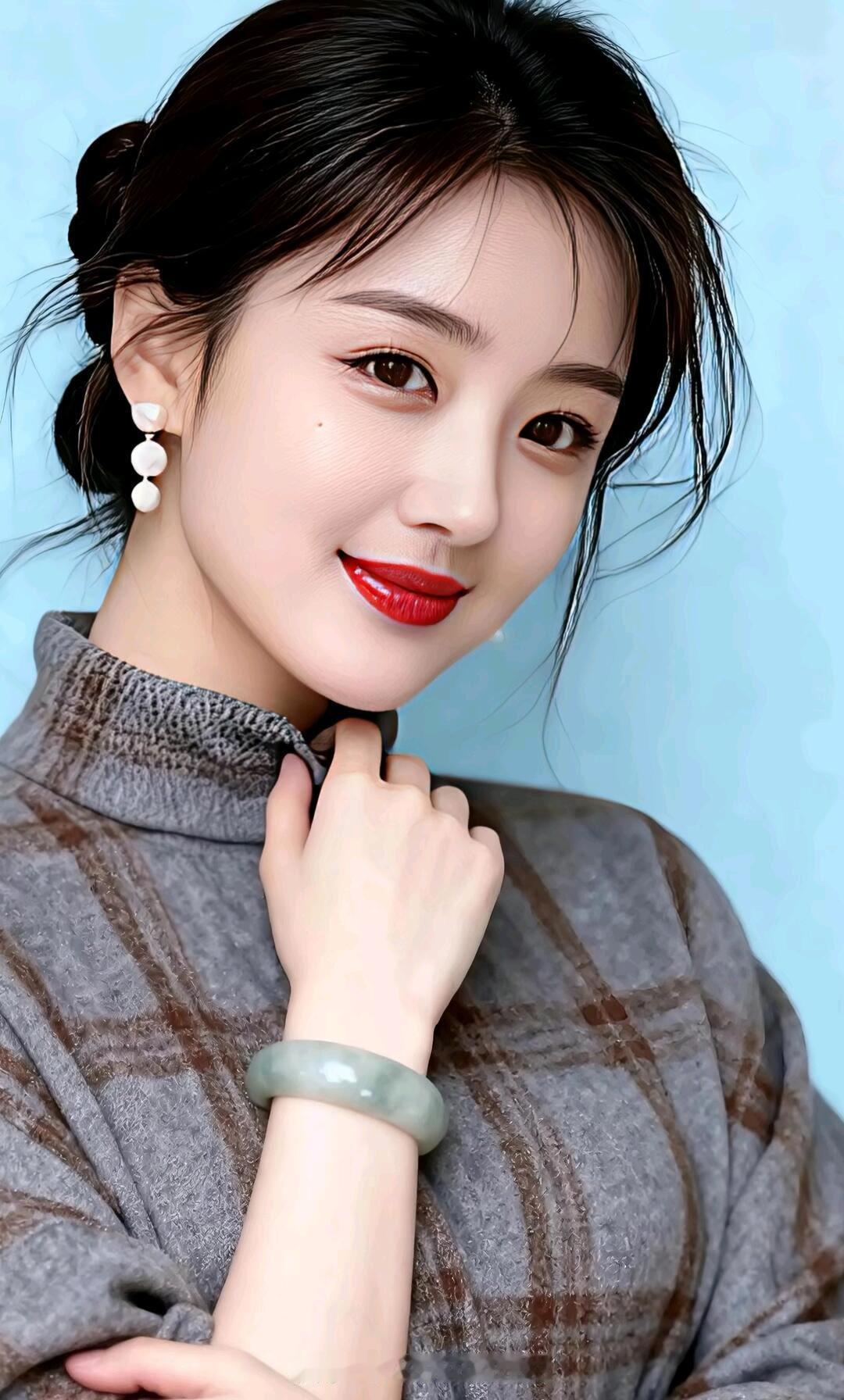 温柔优雅的复古穿搭，红唇与珍珠耳环的完美搭配，尽显女性魅力。