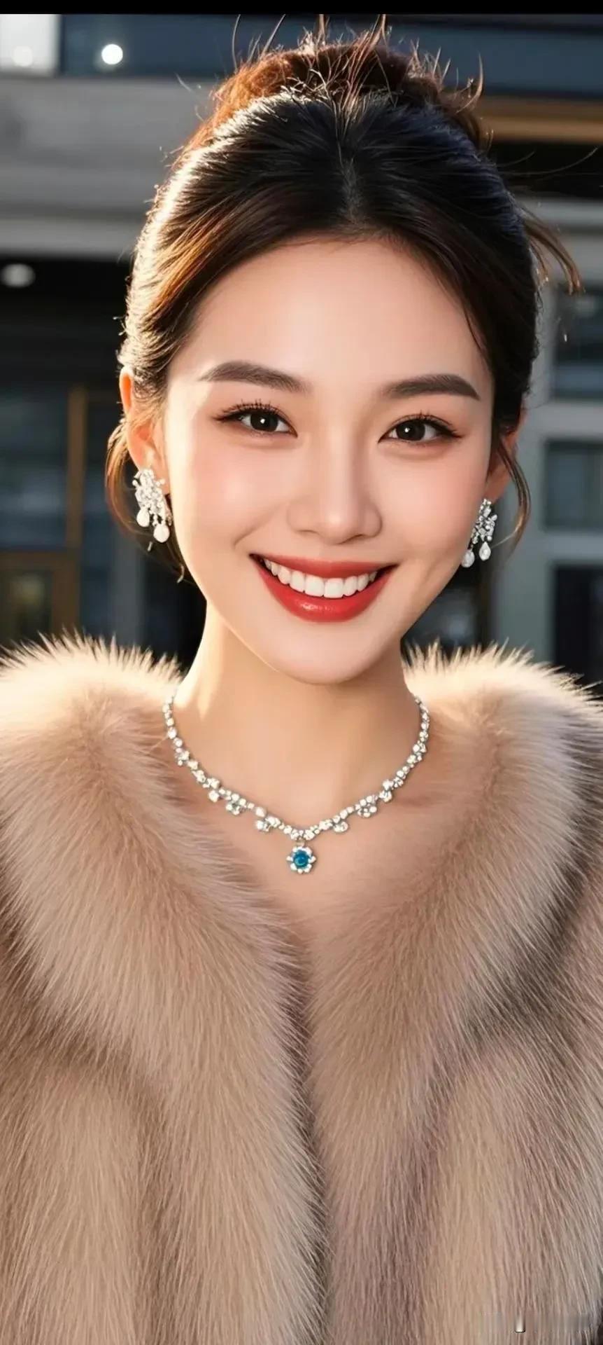 暖裘裹着软绒，颈间钻链坠着一点湖蓝，耳饰的碎光蹭过挽起的发。红唇弯出的笑意，把贵