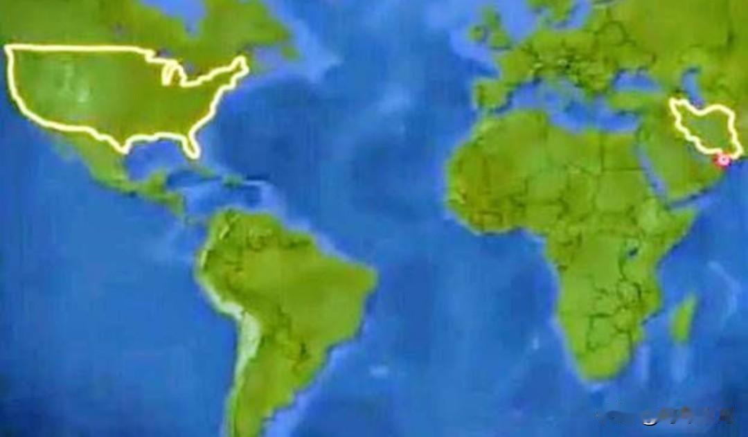 伊朗外长在地图西半球用黄色标出的，是美国；隔着几大洋、地球另一边的黄色