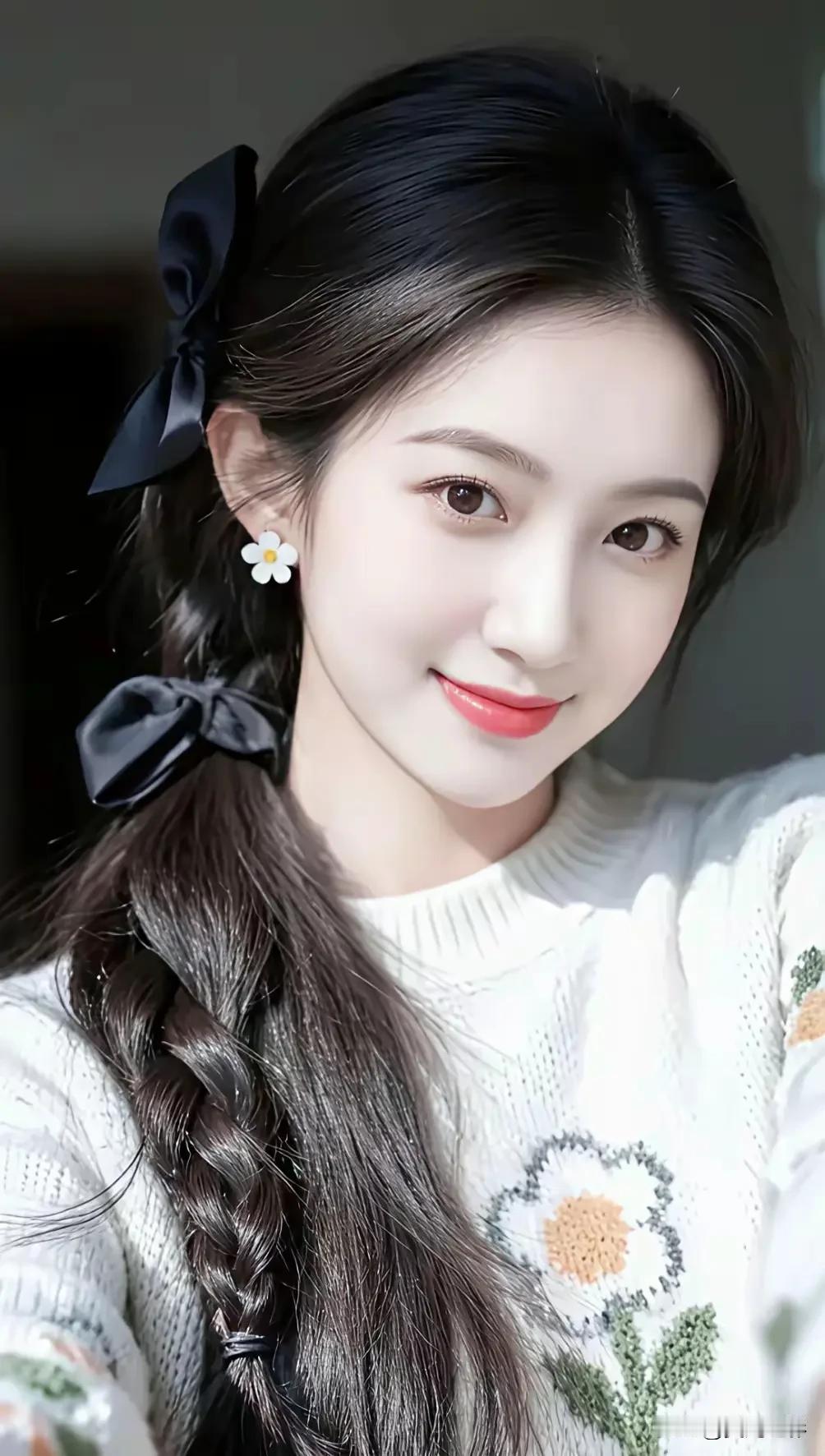 光之影元气少女自拍，黑发红唇，甜美笑容，花边毛衣，黑蝴蝶结发饰，清新自然。自