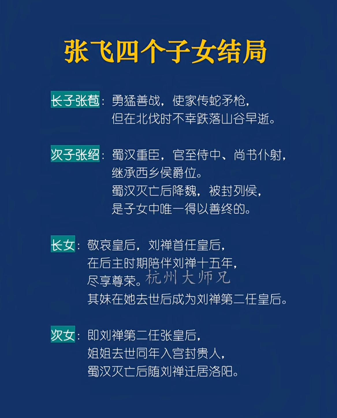 张飞四个子女的结局。没想到张飞的两个女儿先后成为刘备儿子刘禅的皇后，两家关系