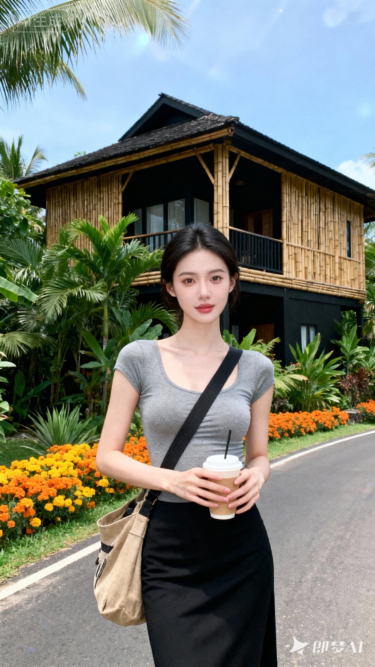 竹林掩映间，美人手持芳茗。