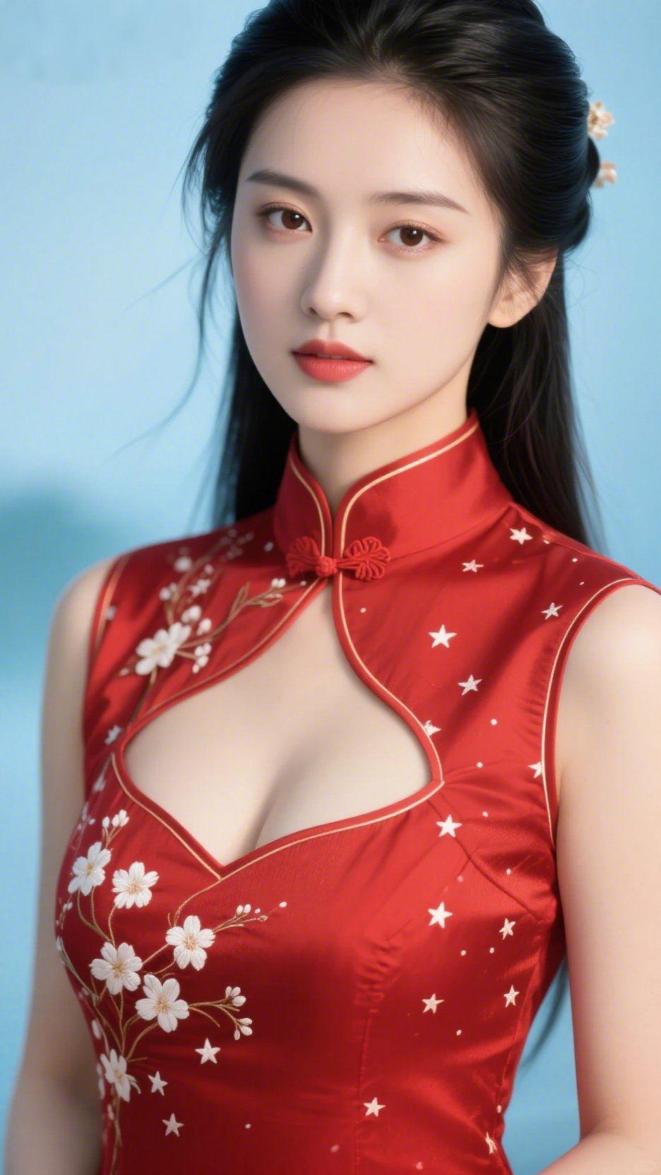 红旗袍映浅天青浅天青色的背景如澄澈湖面，一袭正红旗袍在其间绽成最明艳的风景