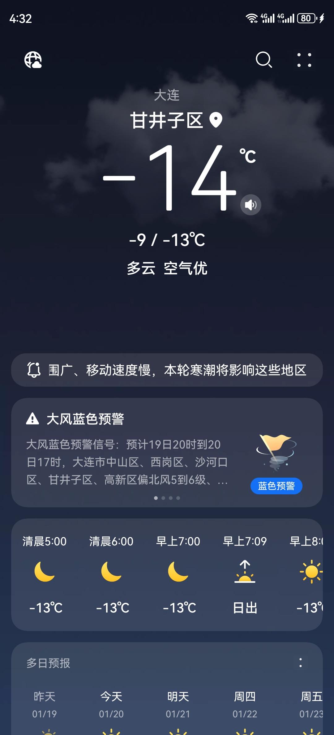 昨天，大连市区露出了冬天的真面目，早上温度零下十四度，体感温度零下十九度。昨天