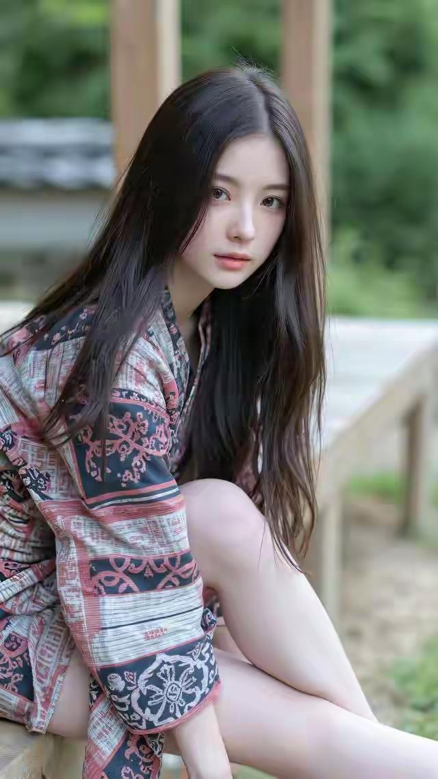 乌黑柔顺的长直发自然垂落肩头，发丝蓬松顺滑。一张清秀柔和的脸庞，眼眸清澈沉静，目