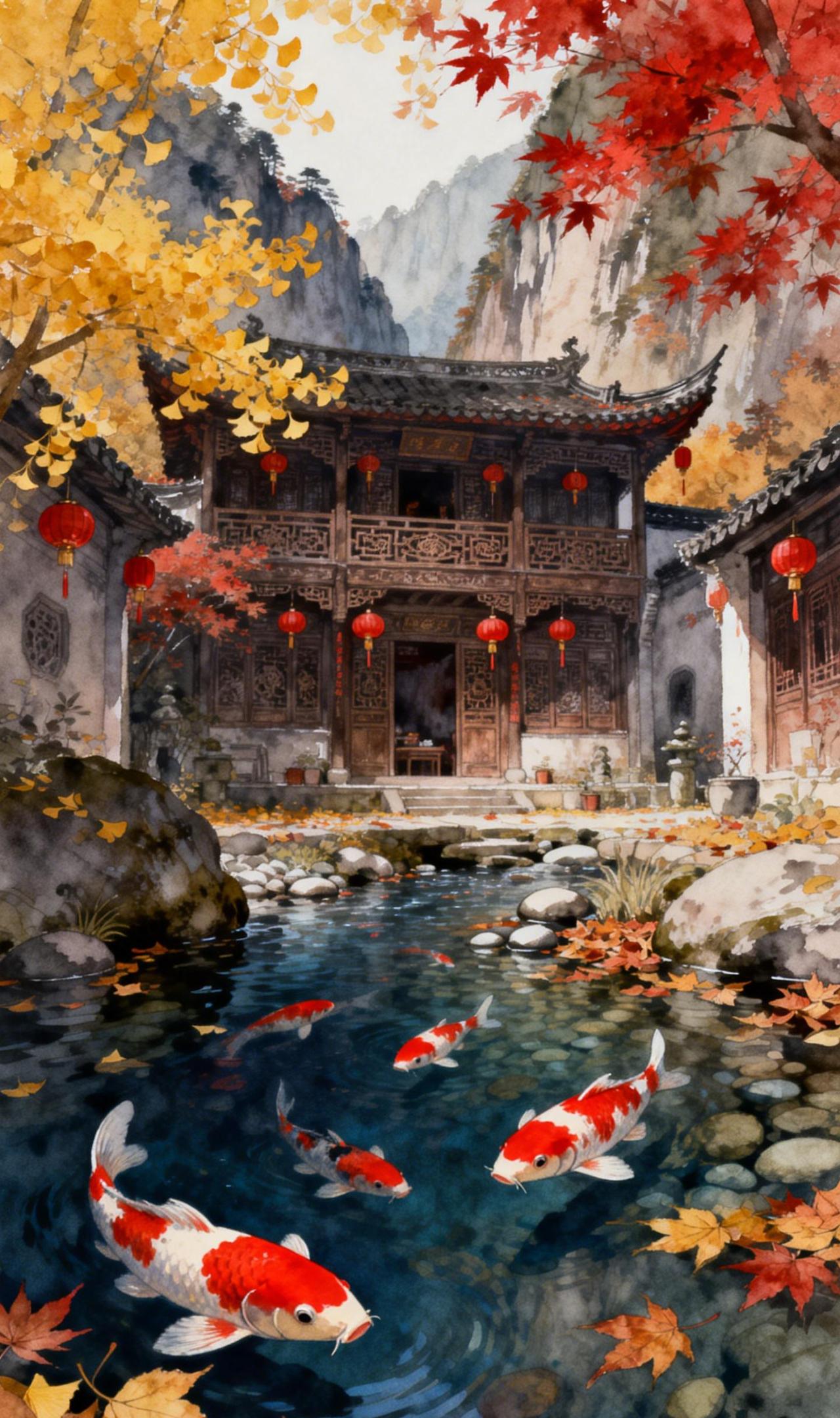 红叶逐清溪，灯影摇时光，鱼尾动秋澜立于檐下，秋水潺潺。金银杏与赤枫擦过灯笼边沿