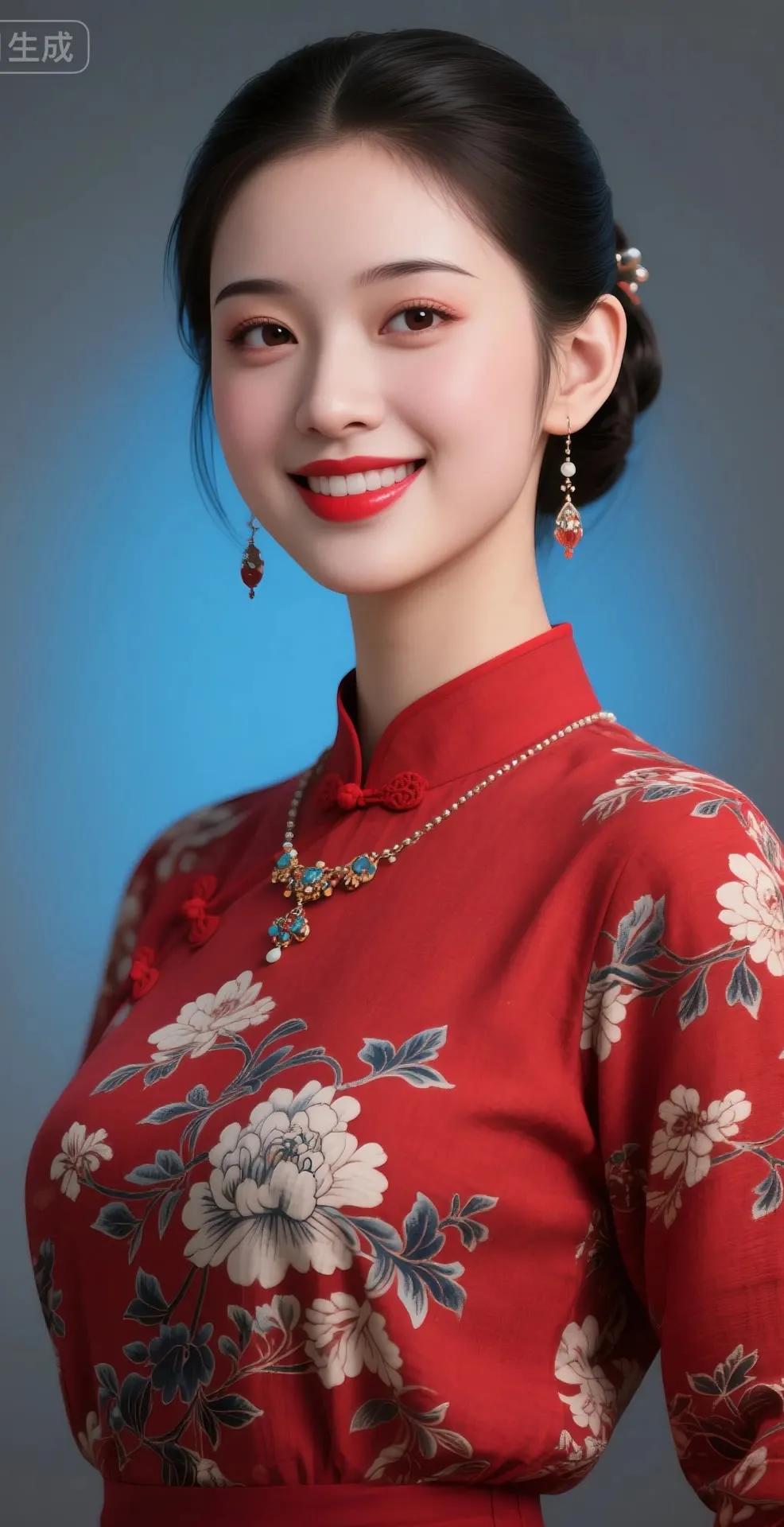 优雅红衣女子，笑靥如花，古典韵味十足。