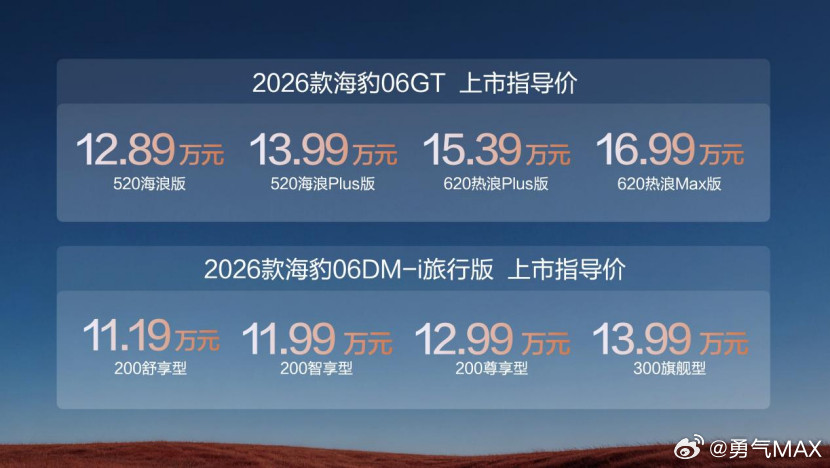今天下午，比亚迪海洋网一下推出了两款新车，分别是2026款海豹06GT和2026