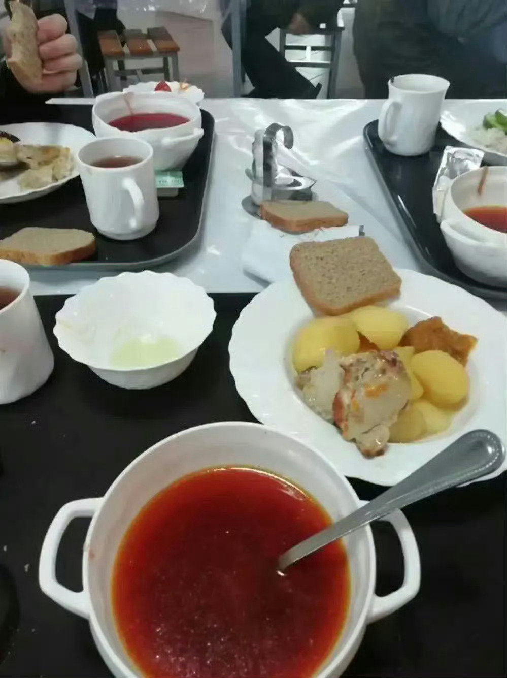 俄罗斯军队的伙食，一顿普通午餐，看上去还不错。很丰盛，而且营养丰富，有面包片，土豆泥，鱼块，红菜浓汤