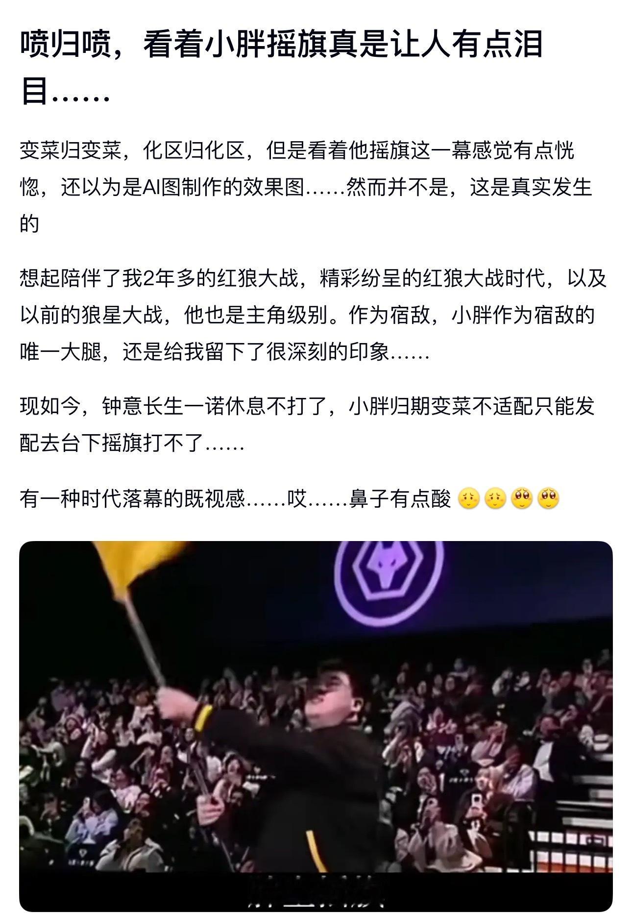 KPL喷归喷，看着小胖摇旗真是让人有点泪目，有一种时代落幕的既祝