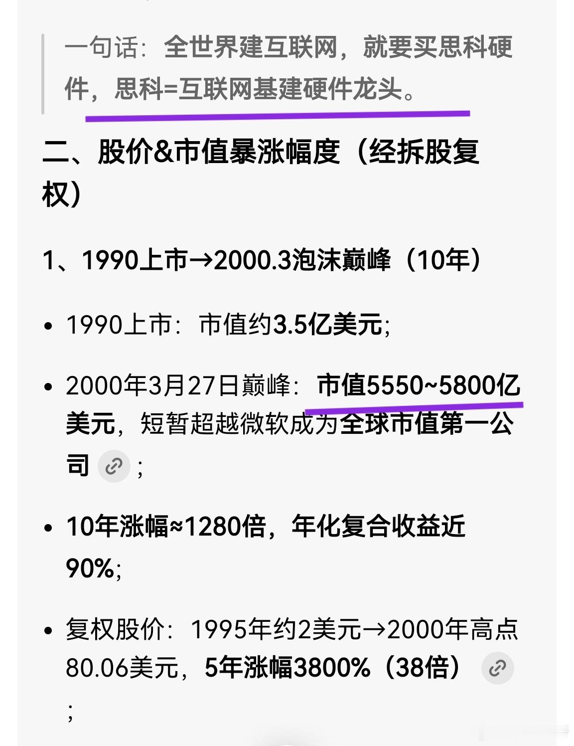 当年的互联网巨头思科，跟现在的英伟达确实很像！从年线看，思科的股价自1997年崛