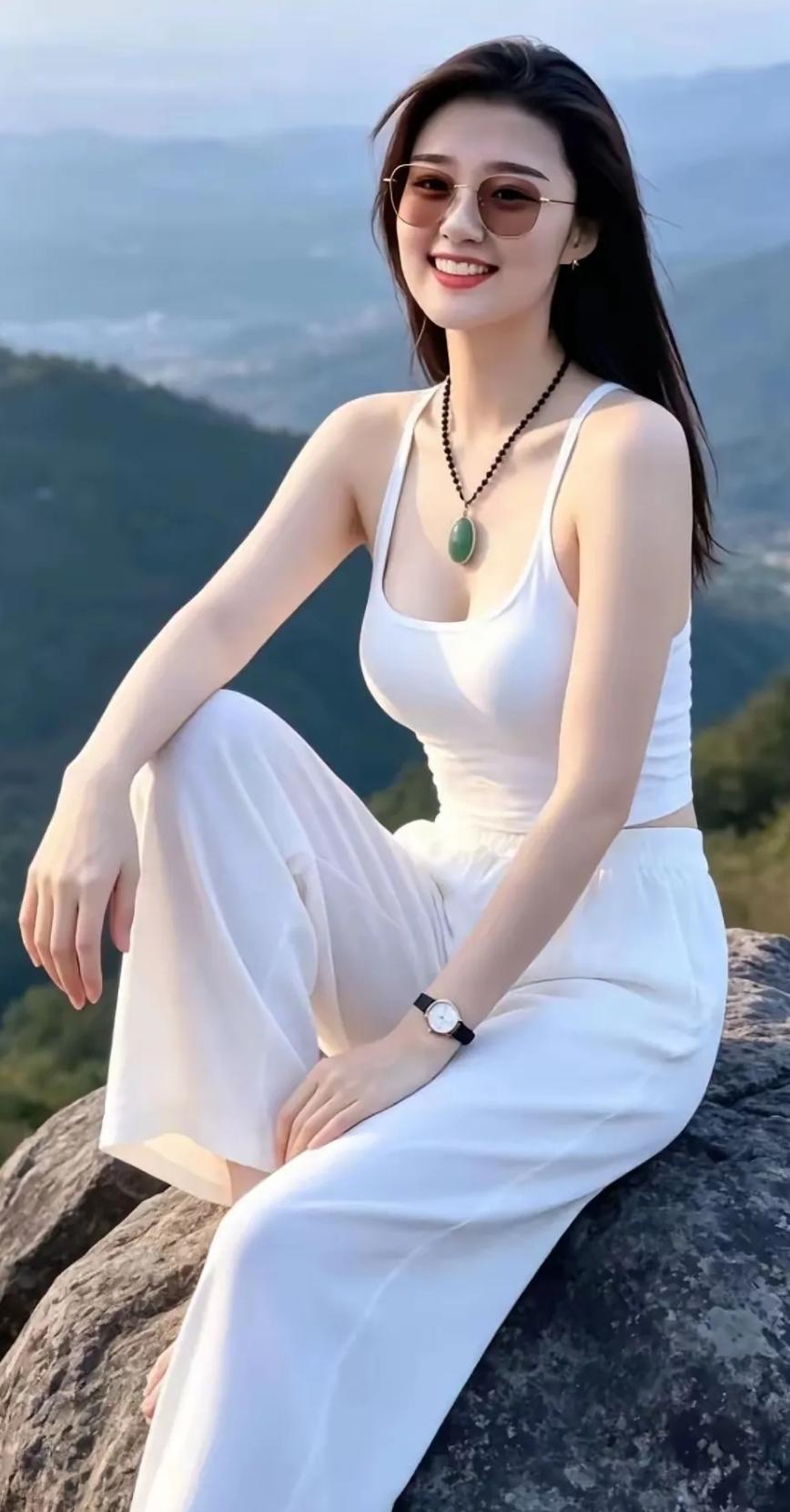 山巅上的白衣少女，享受着大自然的宁静与美好。她微微闭上双眸，微风轻拂着她的发丝，