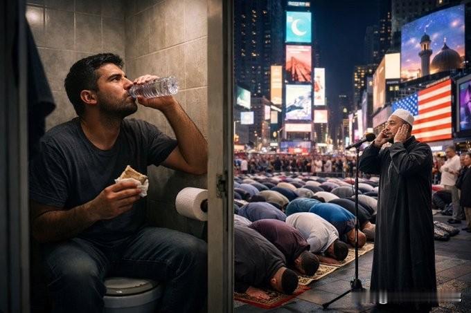 有一大波来自中东、南亚以及世界各地的特殊族群的民众在纽约时代广场跪下祷告，占领公
