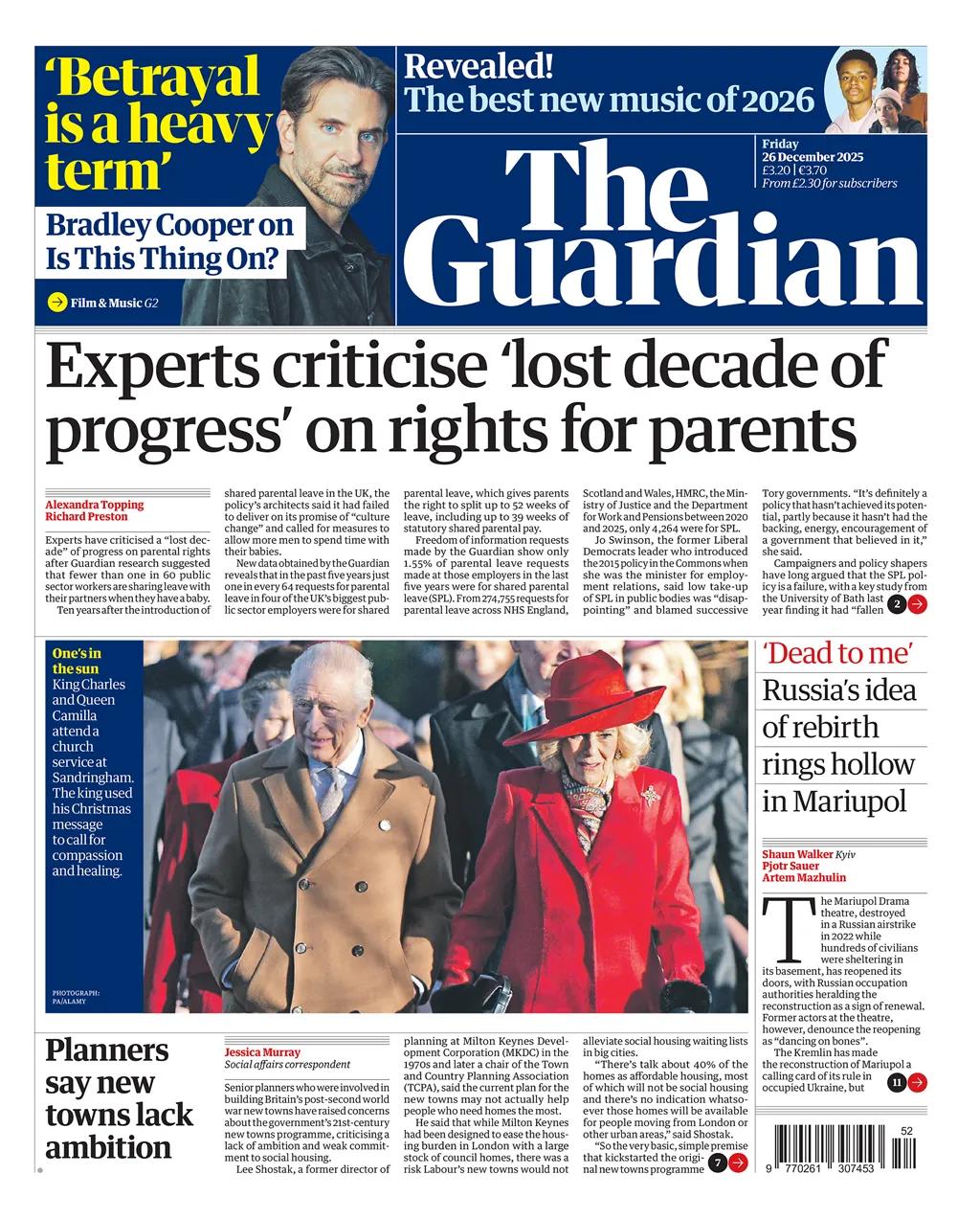 根据《卫报》的头条新闻，研究表明，自英国推出“共享父母育儿假”政策十年后，这些政