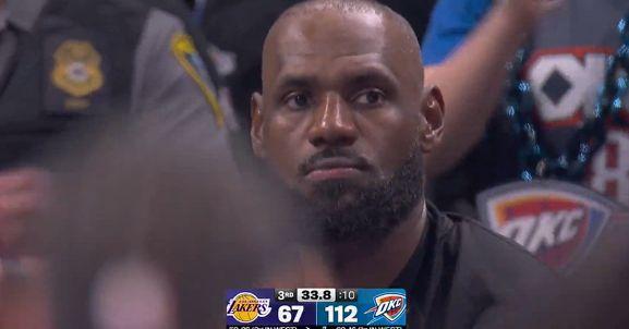 湖人巨星詹姆斯真是太让人心碎了！ 4月3日，洛杉矶湖人队在客场对阵俄克拉荷马